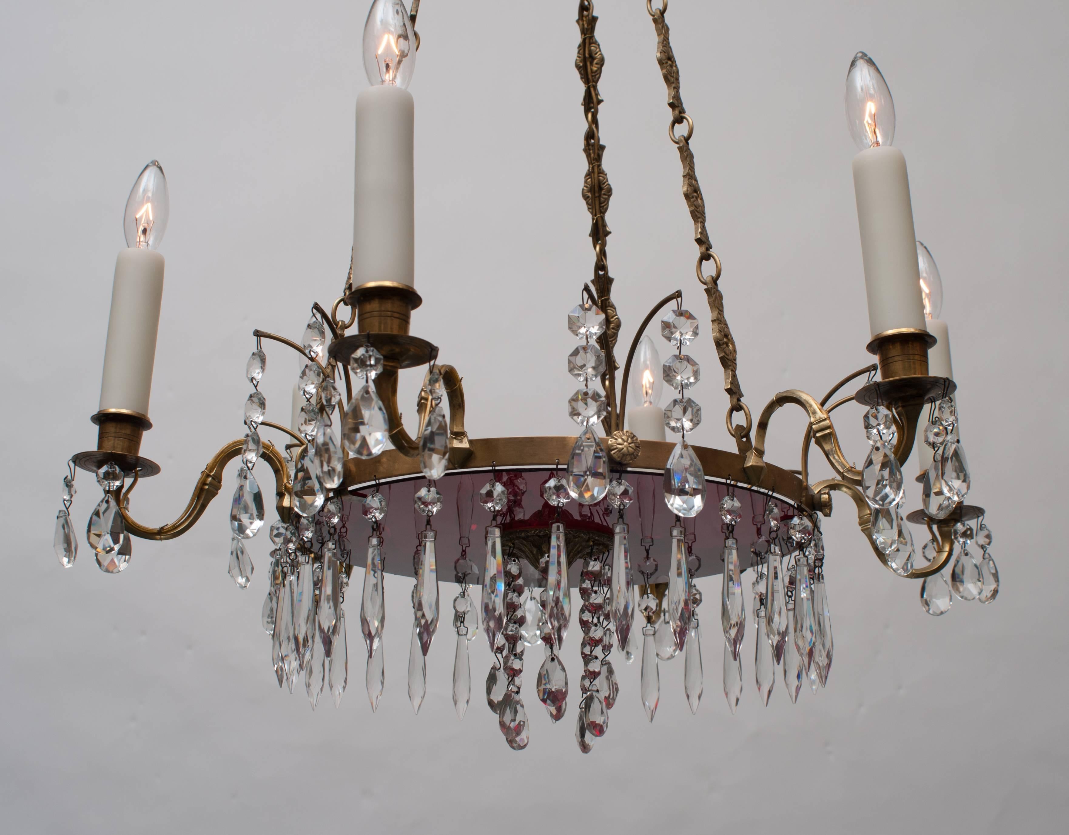 Neoclassical Neoclassic Style Swedish Six-Light Brass and Crystal Chandelier, circa 1910