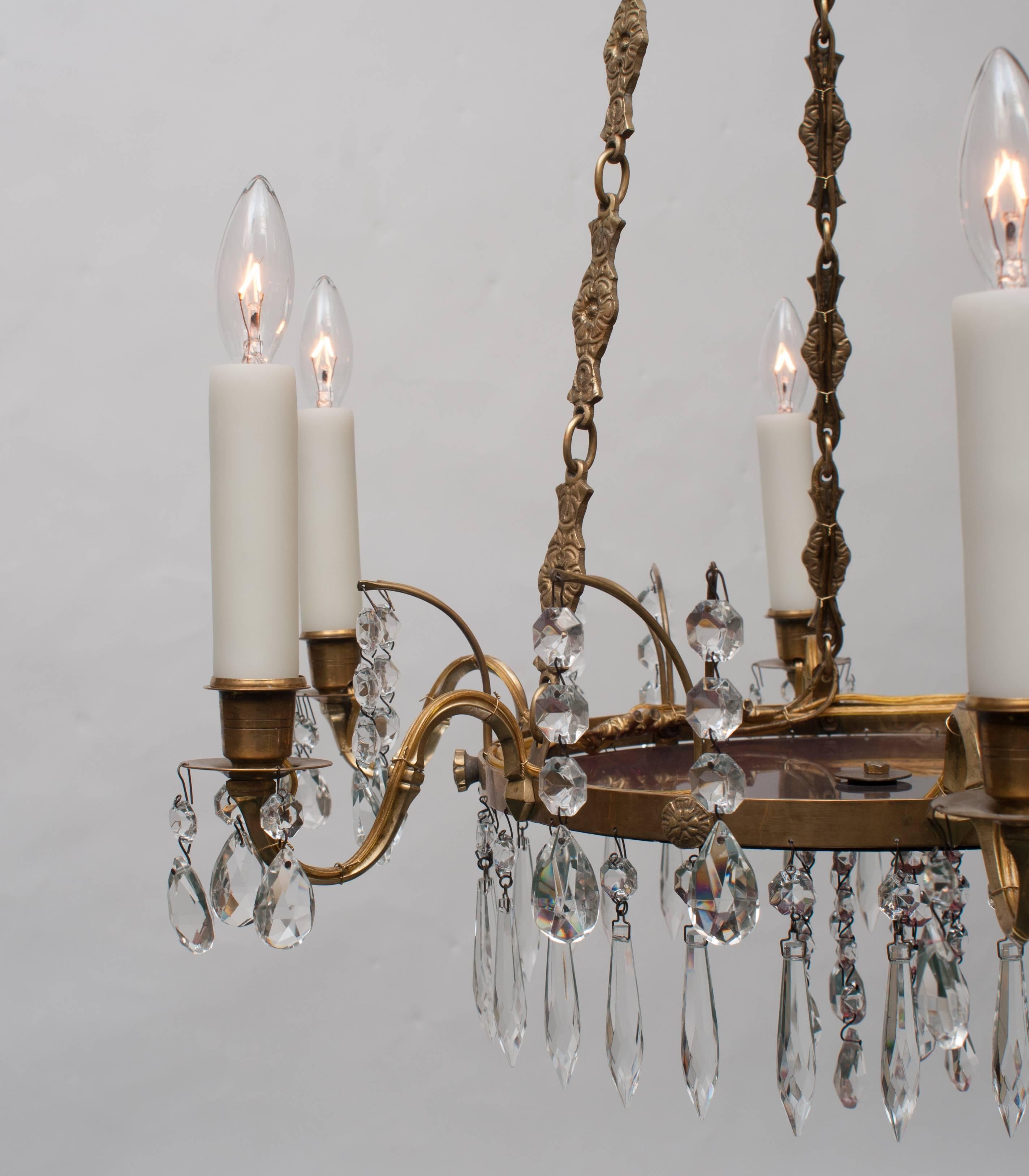 Neoclassic Style Swedish Six-Light Brass and Crystal Chandelier, circa 1910 In Excellent Condition In Alexandria, VA