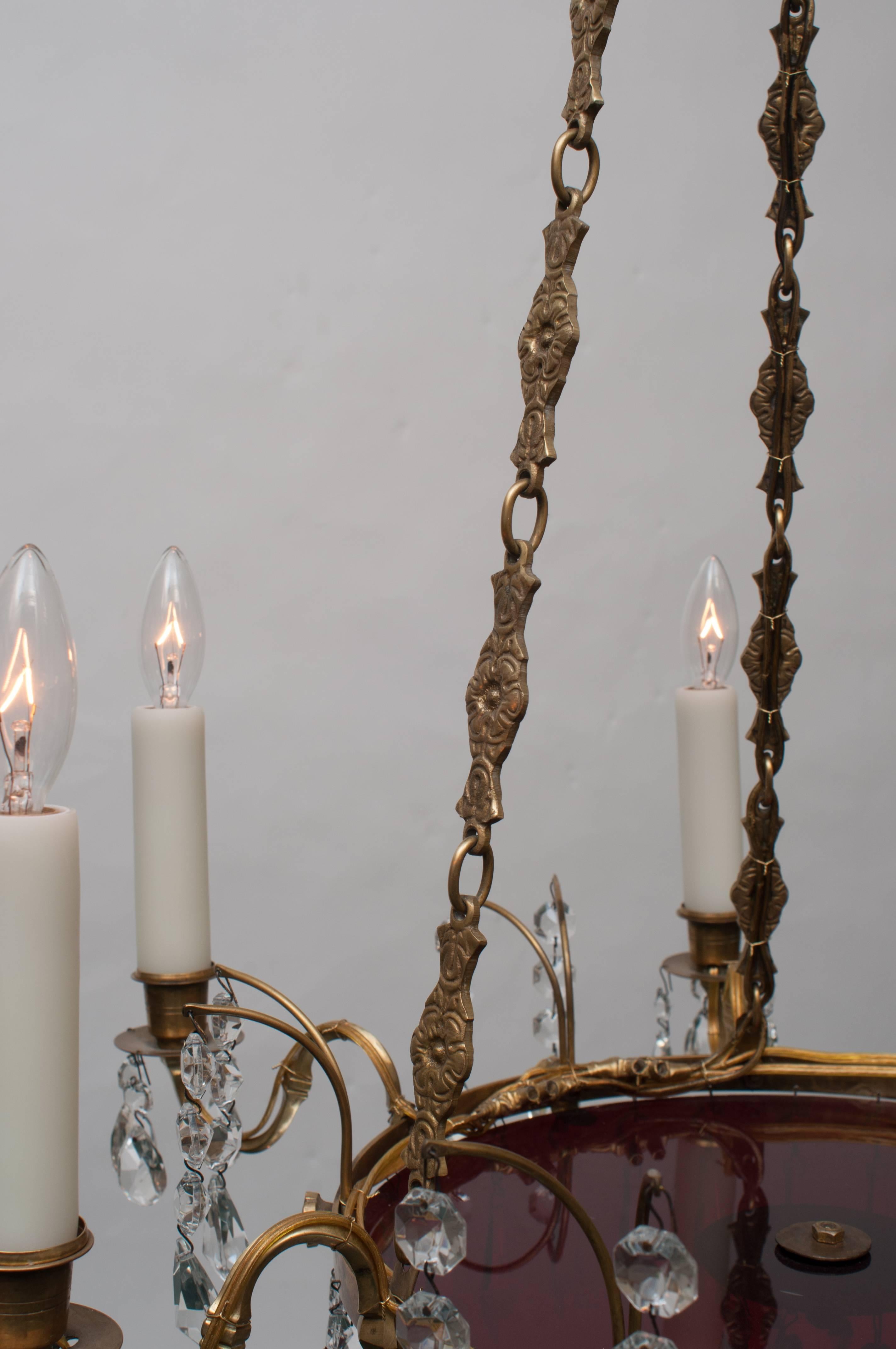 20th Century Neoclassic Style Swedish Six-Light Brass and Crystal Chandelier, circa 1910