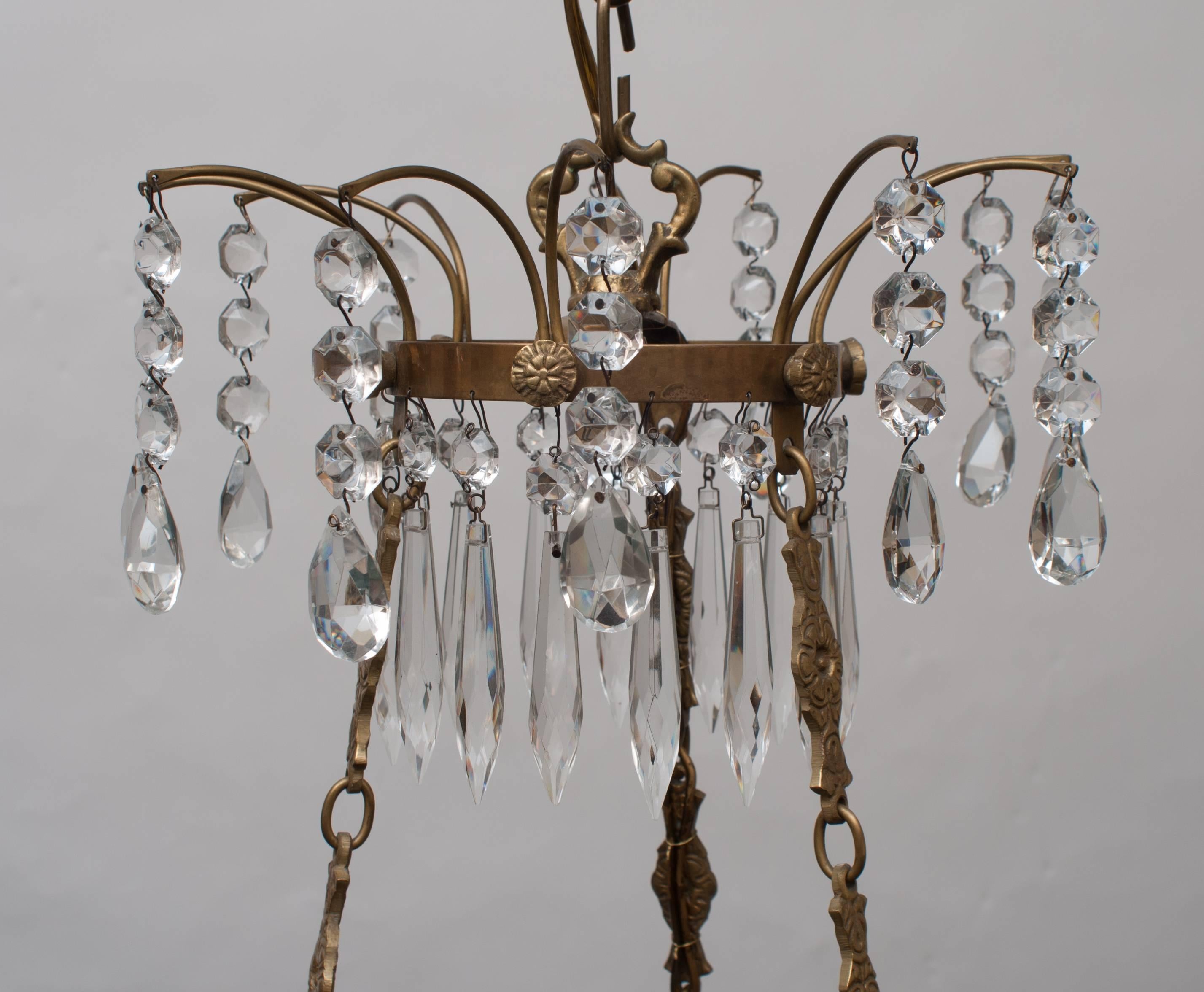 Neoclassic Style Swedish Six-Light Brass and Crystal Chandelier, circa 1910 1