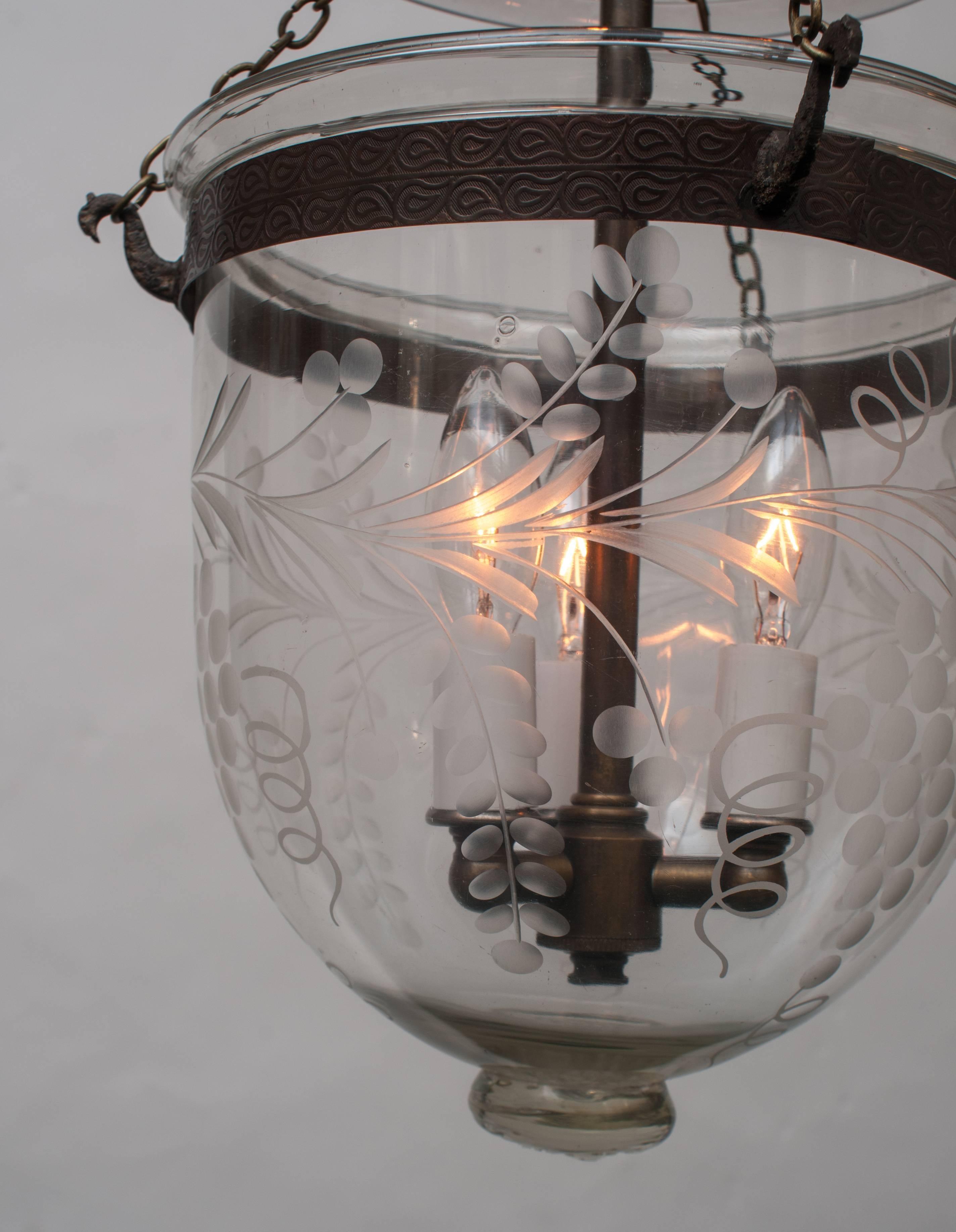 Neoclassical Bell Jar Lantern with Grape and Vine Etched Design