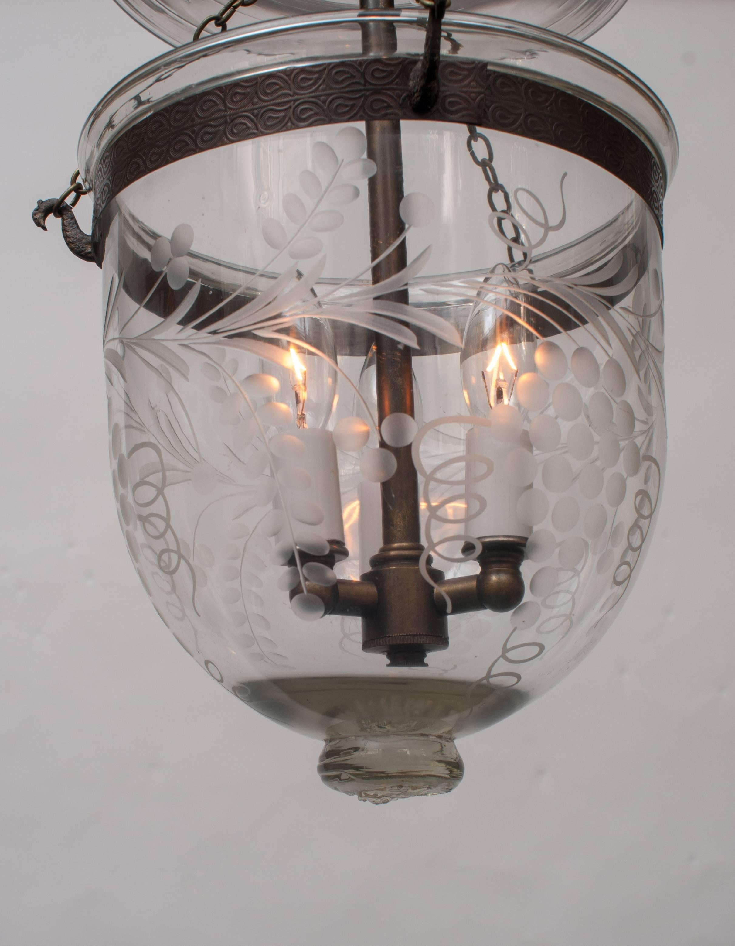 English Bell Jar Lantern with Grape and Vine Etched Design