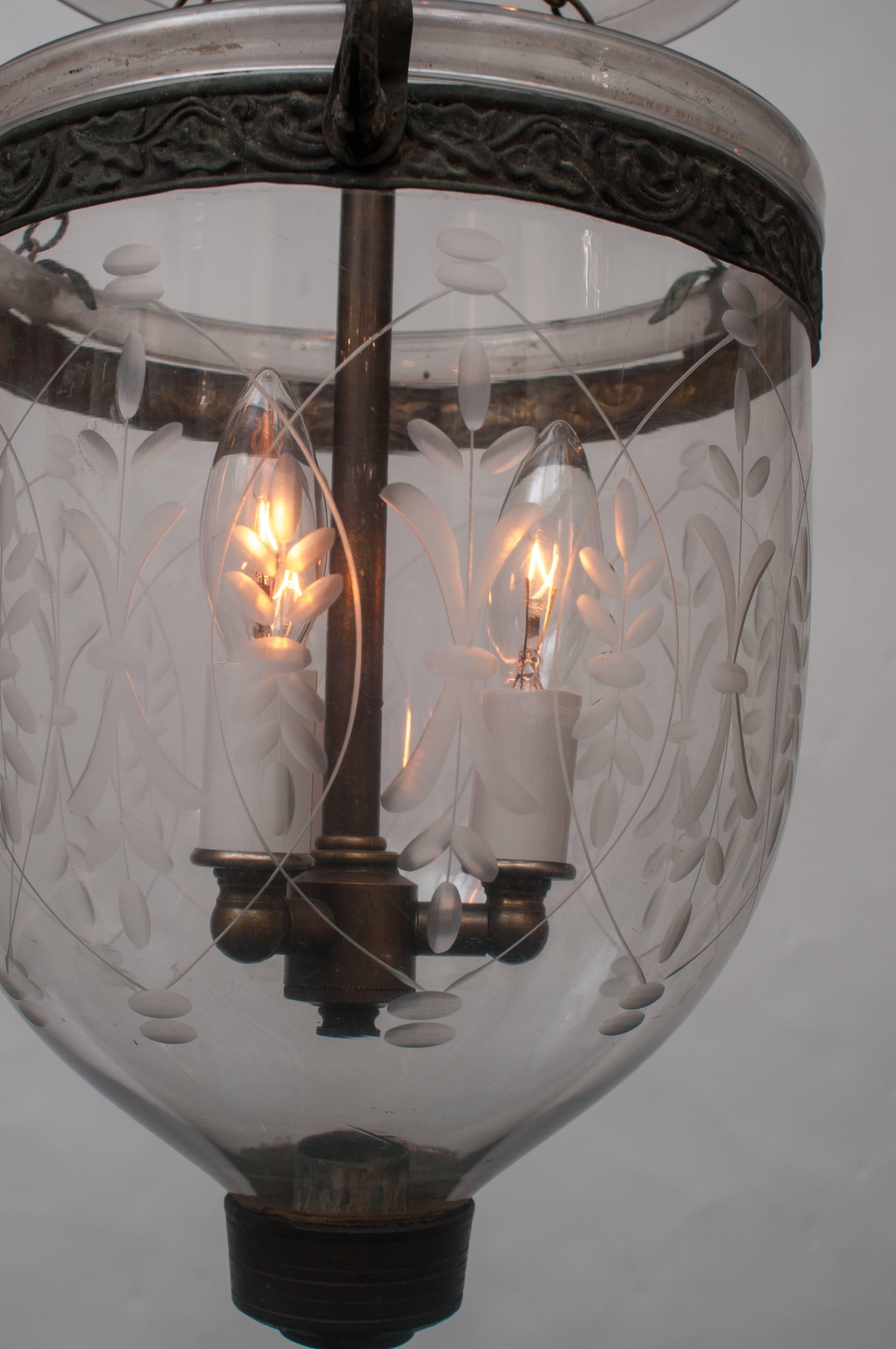 Neoclassical Handblown Bell Jar Lantern with Brass Finial