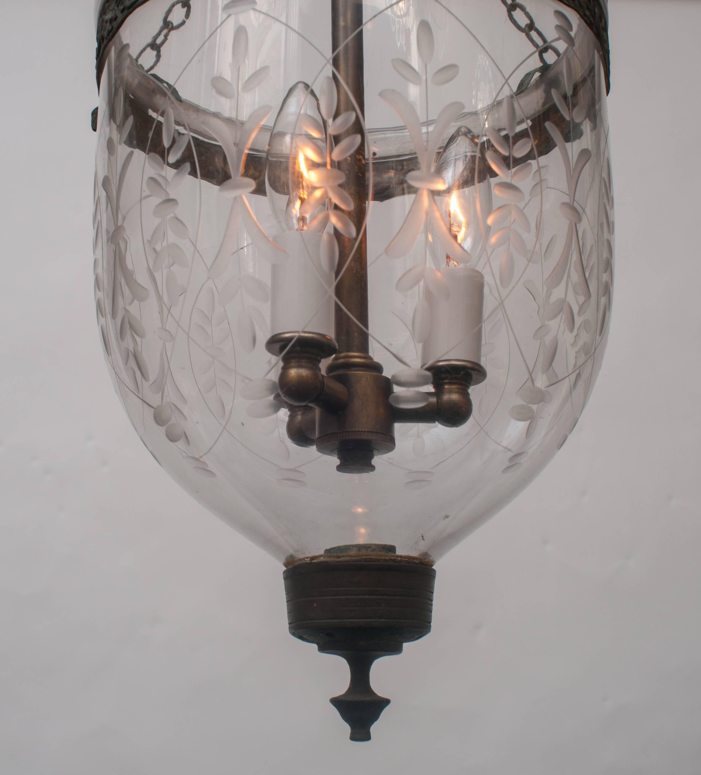 English Handblown Bell Jar Lantern with Brass Finial
