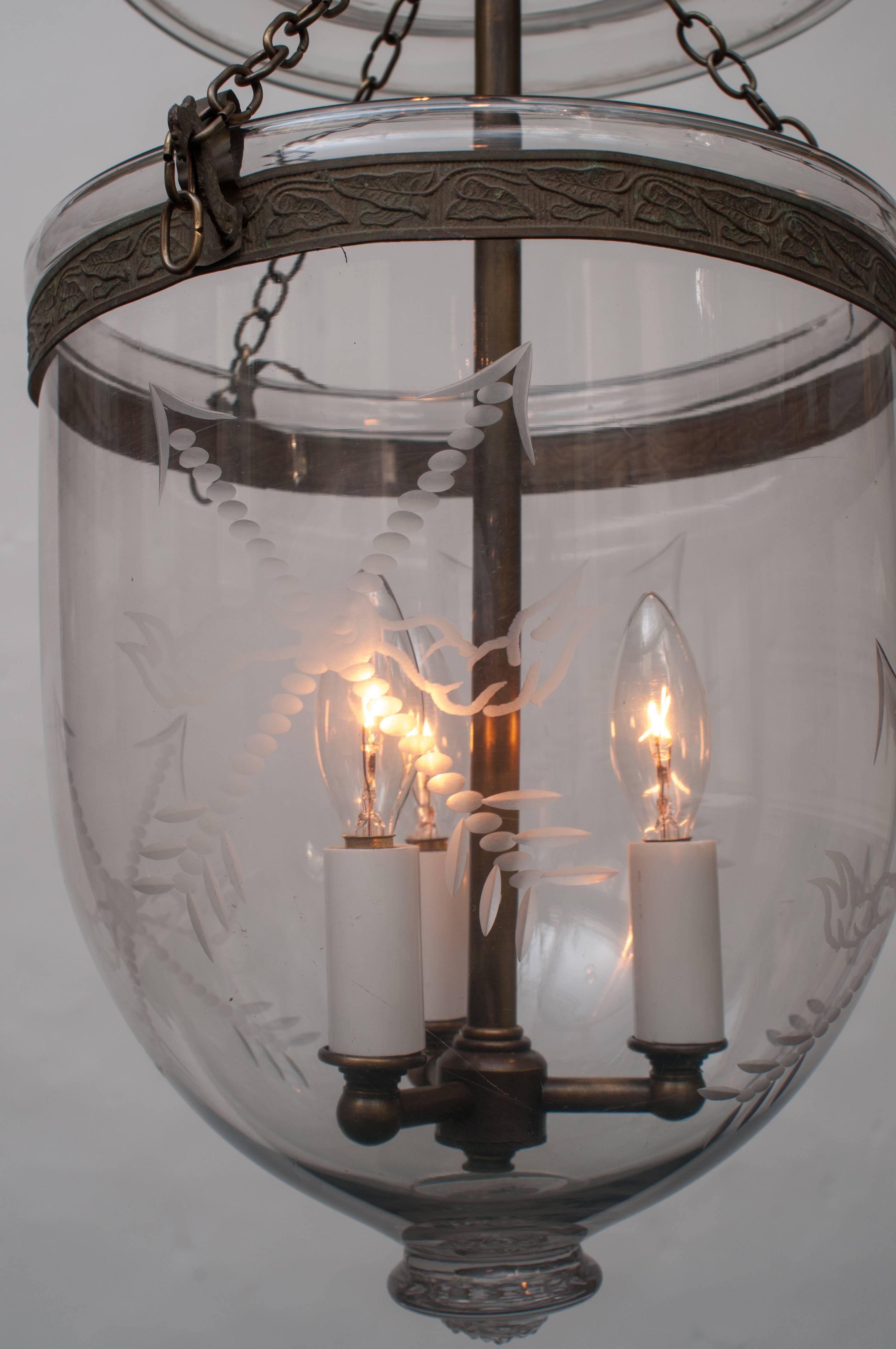 Neoclassical Spear-Etched Bell Jar Lantern with Glass Pontil