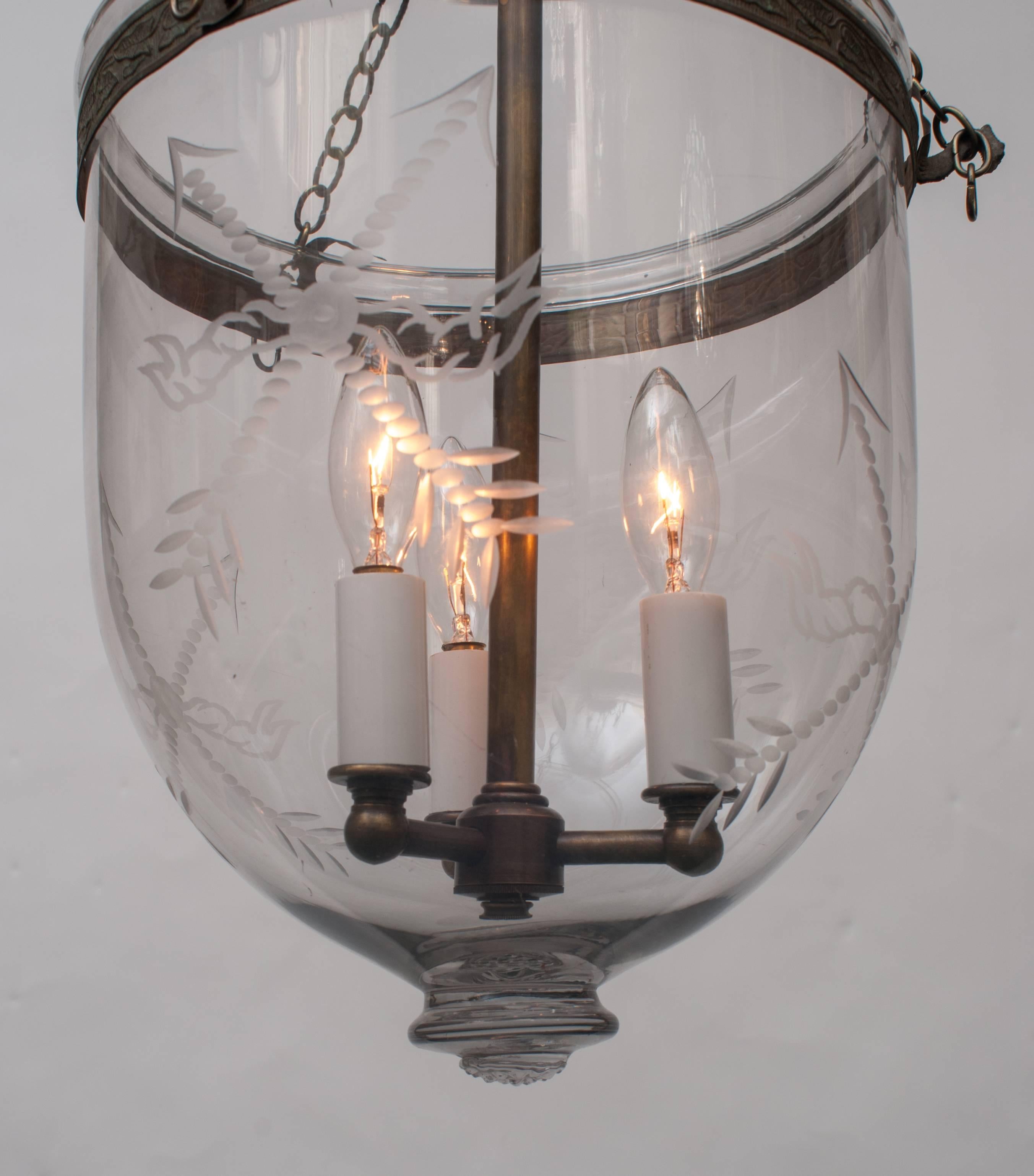 English Spear-Etched Bell Jar Lantern with Glass Pontil