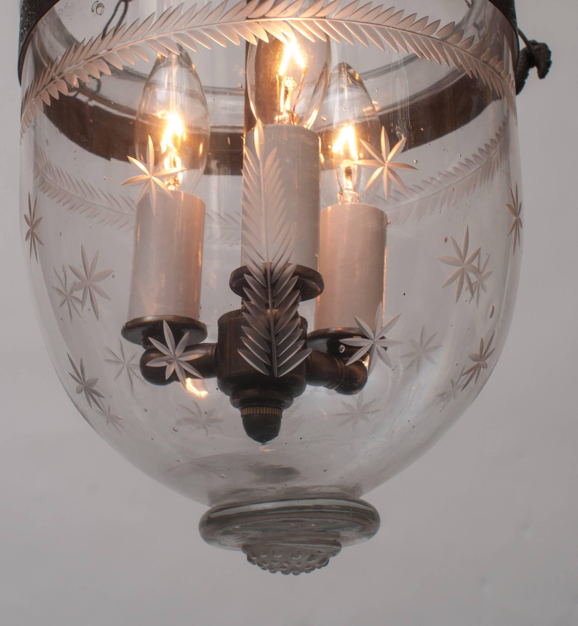 English Petite Bell Jar Lantern, Etched Star and Fern Pattern