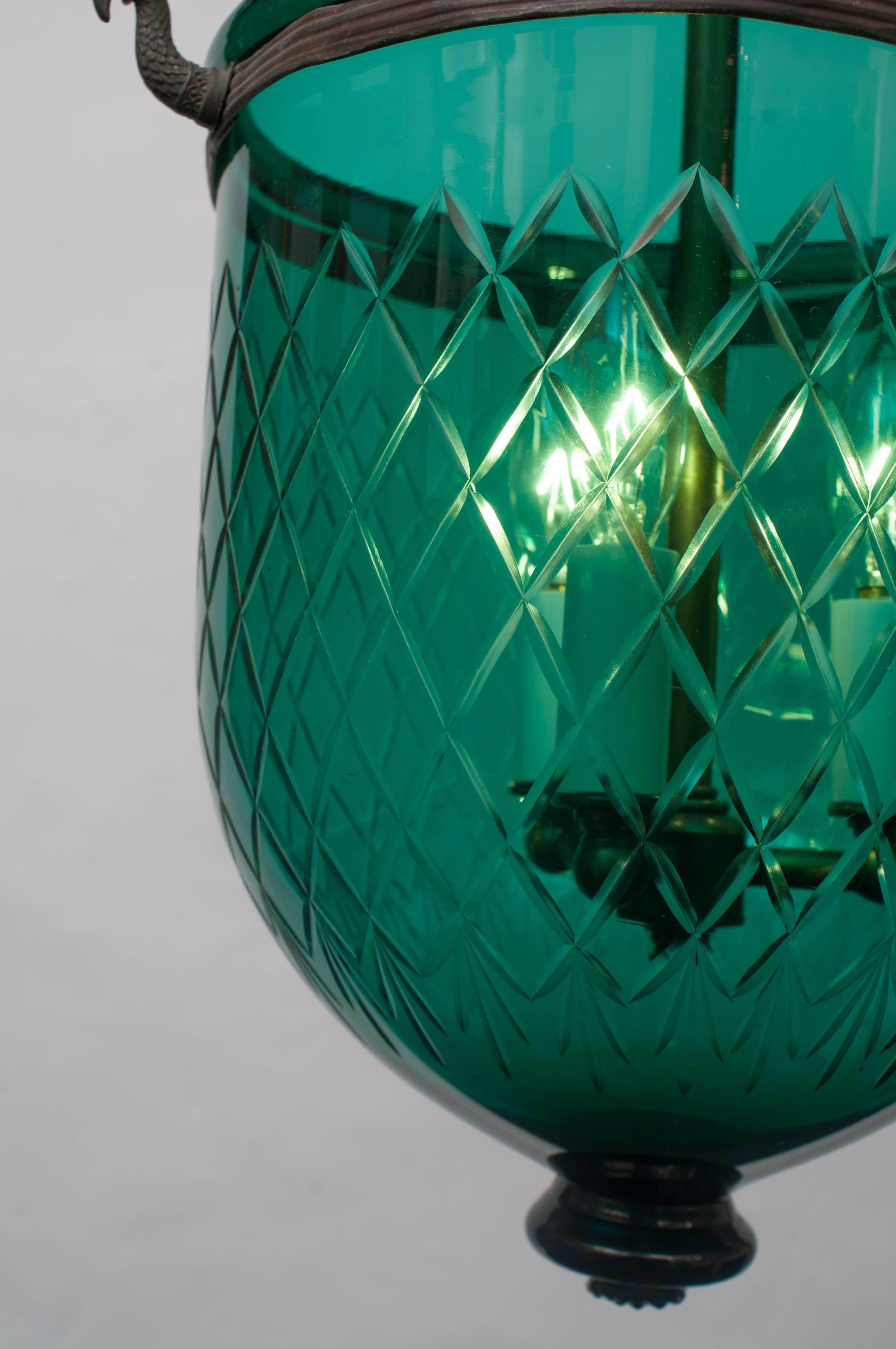 English Green Diamond-Cut Bell Jar Lantern For Sale
