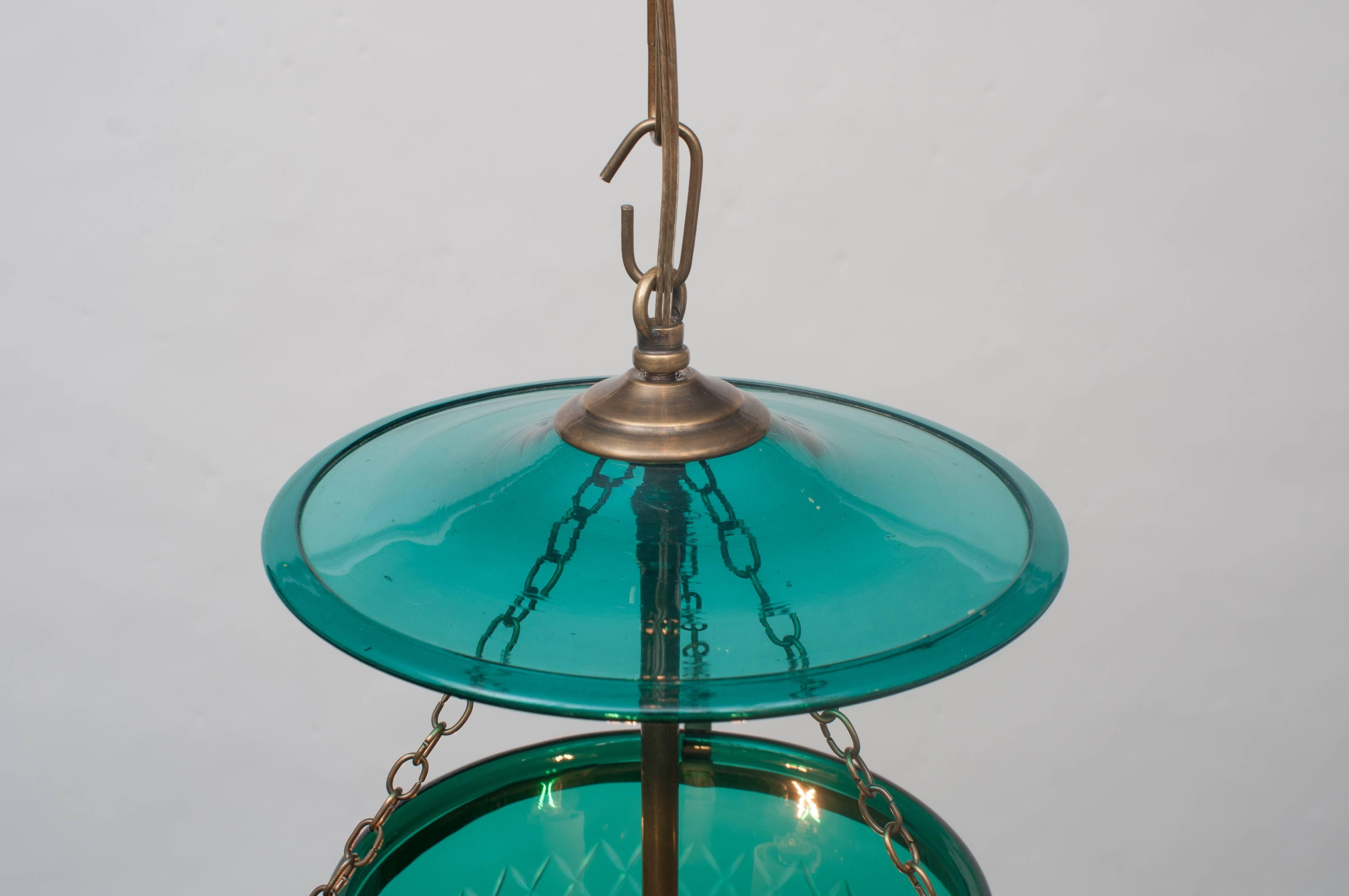 19th Century Green Diamond-Cut Bell Jar Lantern For Sale