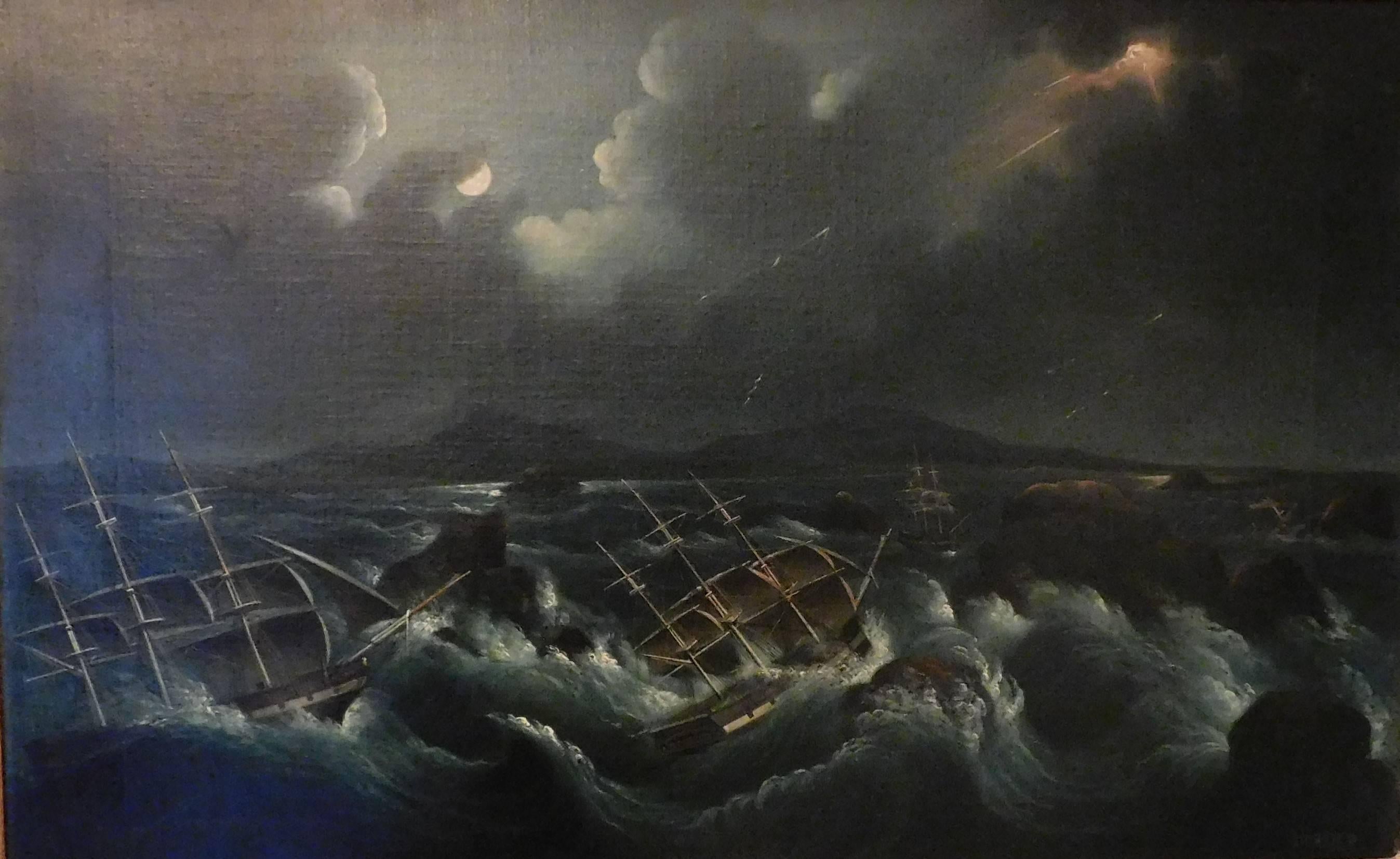 Thomas Horner (sometimes spelled Hornor) was born into the Quaker family of a grocer in Hull, England in 1785 and died in New York City in 1844. He was known in New York for allegorical paintings of ships in peril and moonlit scenes. The frame is