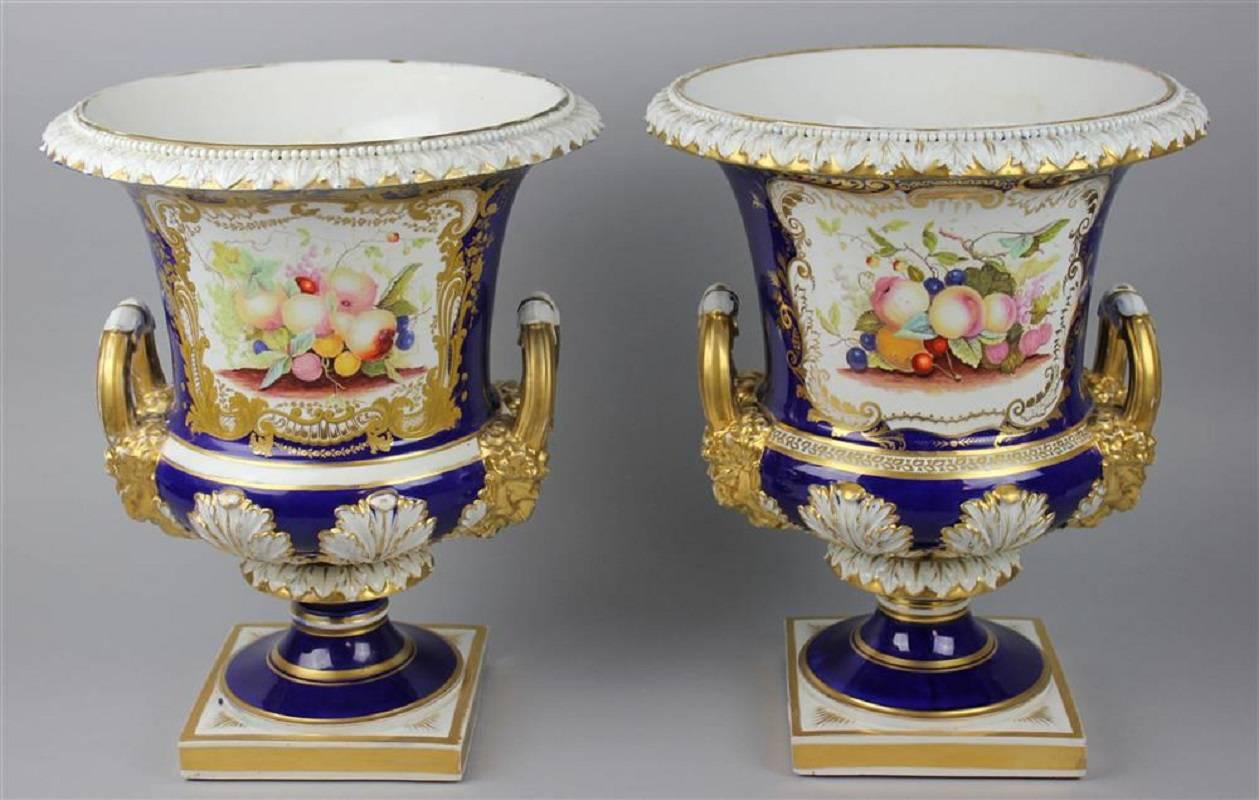 These exquisite high-style Regency urns were manufactured in the Derby factory shortly after it was taken over by Robert Bloor. Beautifully painted with butterfly panels on one side and fruit panels on the other. Cobalt blue, white and gold