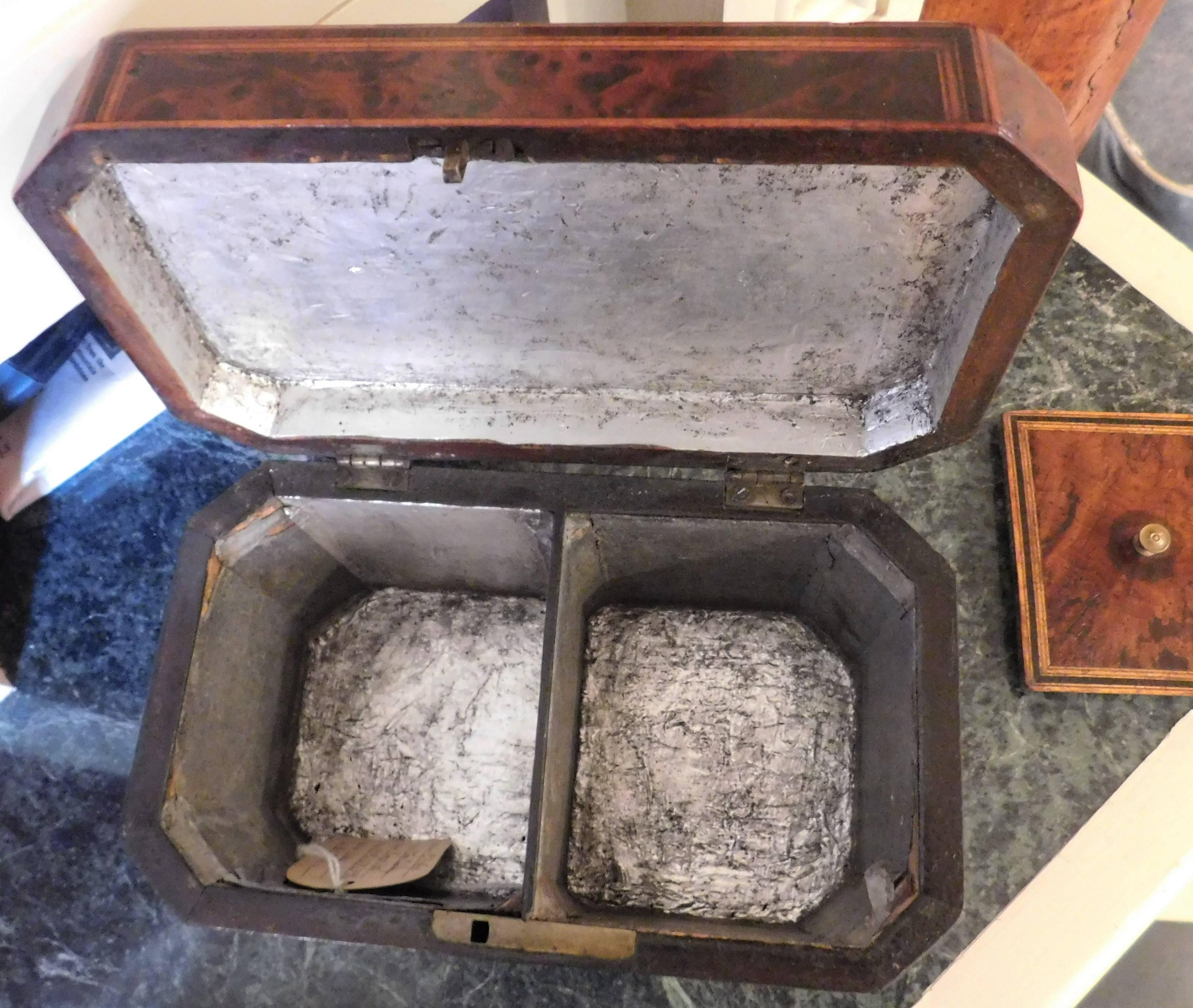George III Burl Walnut Inlaid Tea Caddy In Excellent Condition For Sale In Alexandria, VA
