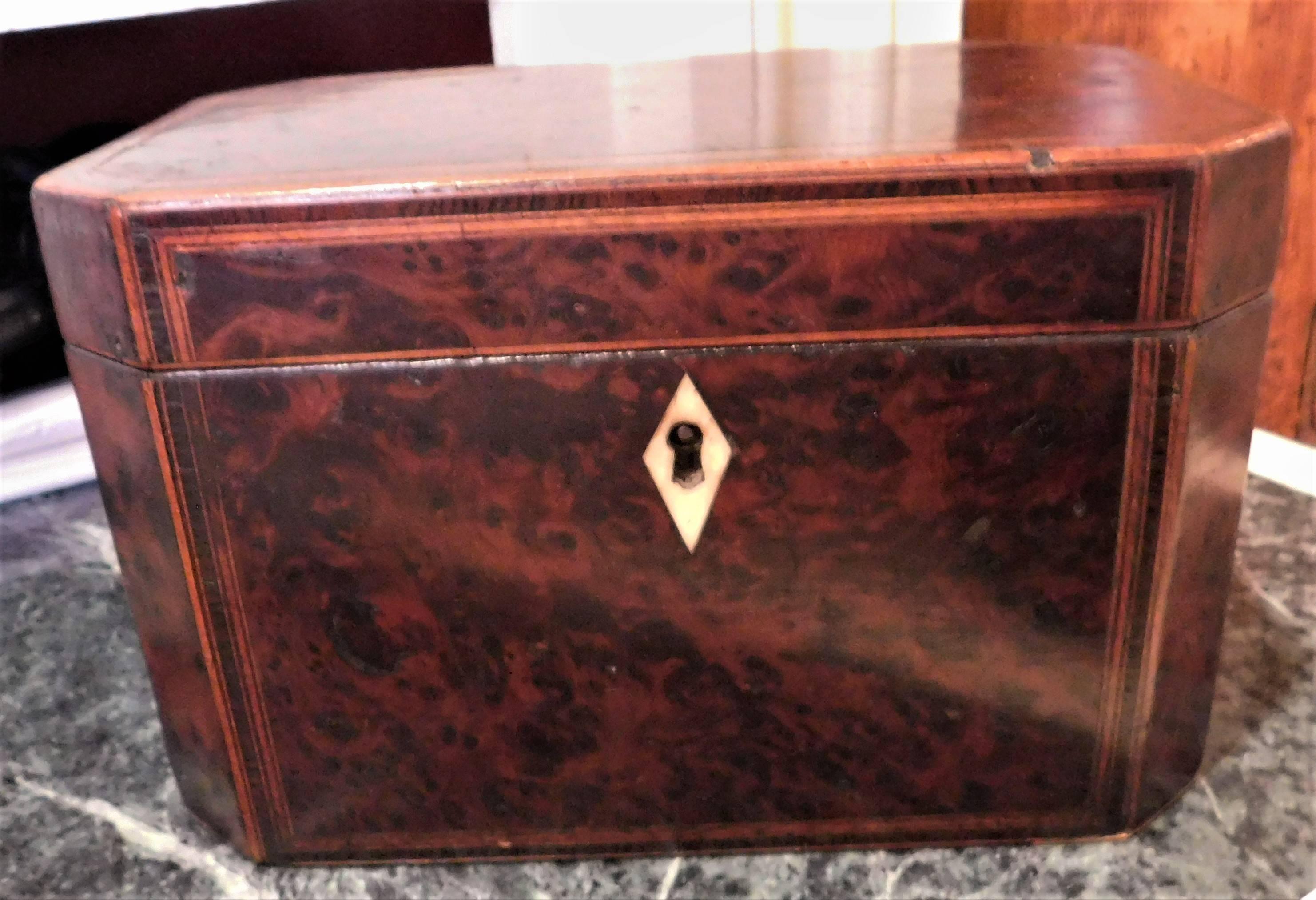 George III Burl Walnut Inlaid Tea Caddy For Sale 4