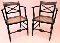 Set of American Hand-Painted Caned Furniture, Bench and Six Chairs, circa 1815