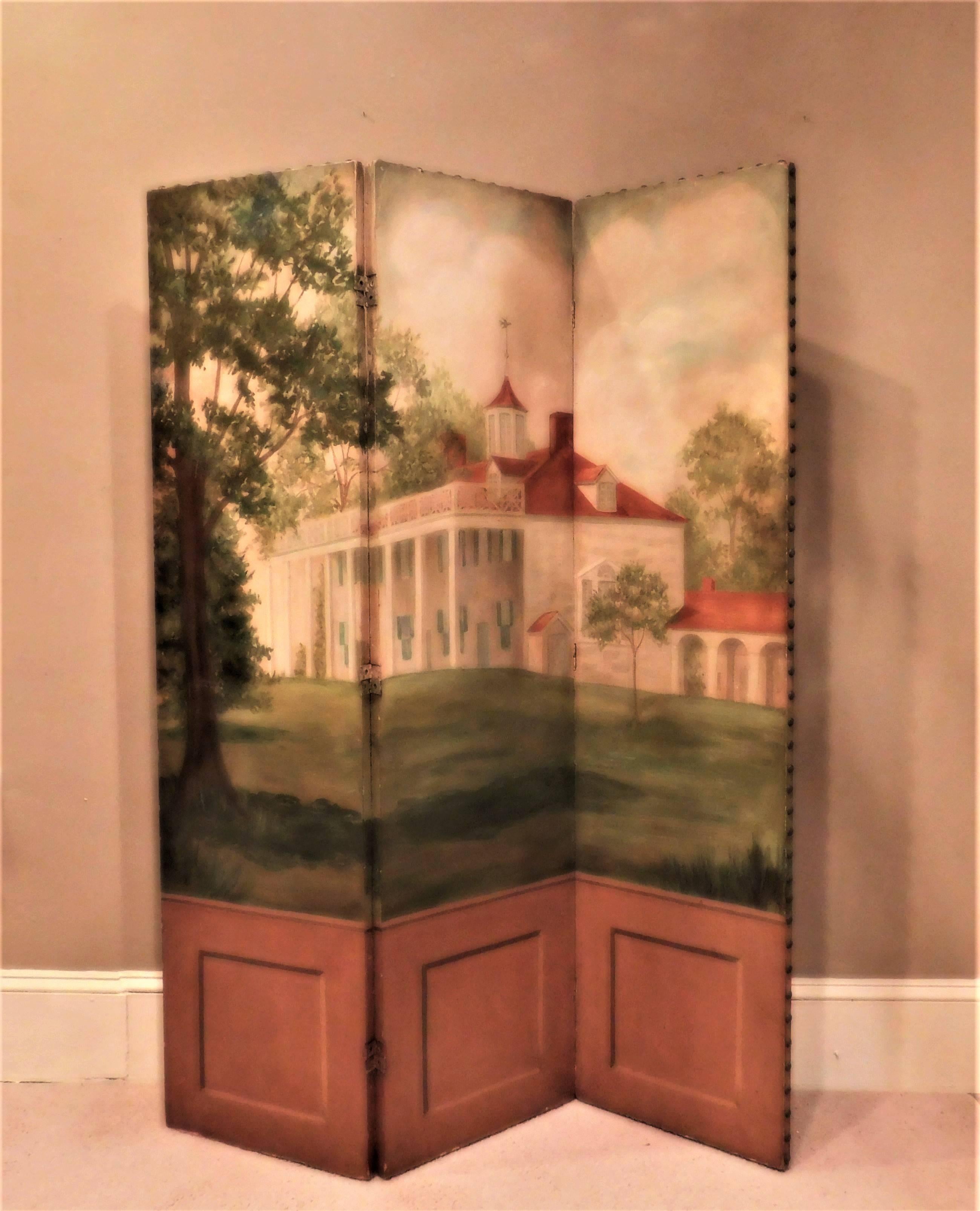 The screen was probably painted in the Washington, DC area. It is a depiction of Mount Vernon, George and Martha Washington's Virginia plantation home, prior to the removal of the decorative balustrade on the porch roof. Oil on board with trompe