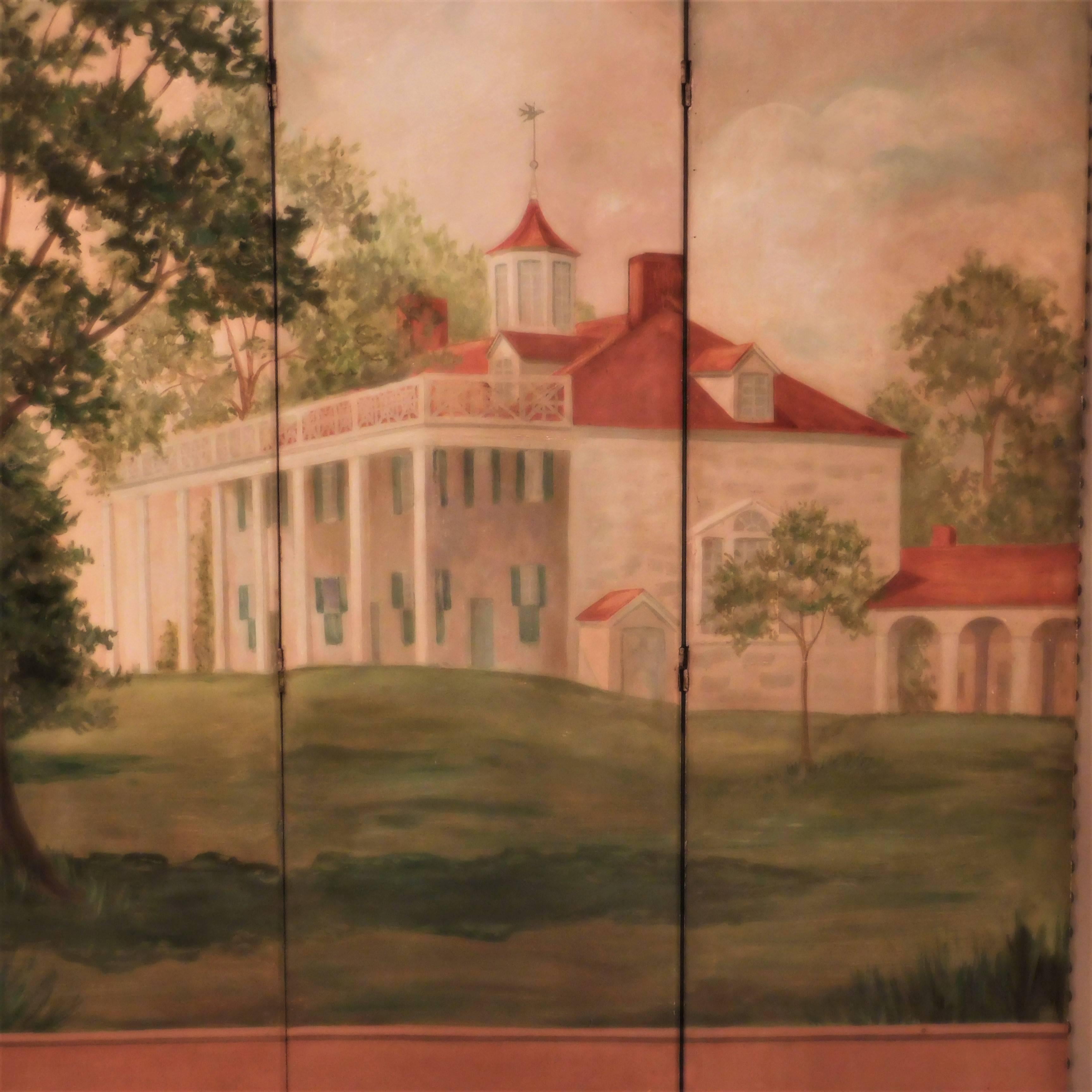 Three-Panel Folding Screen, Painting of Mount Vernon, circa 1935 In Excellent Condition In Alexandria, VA