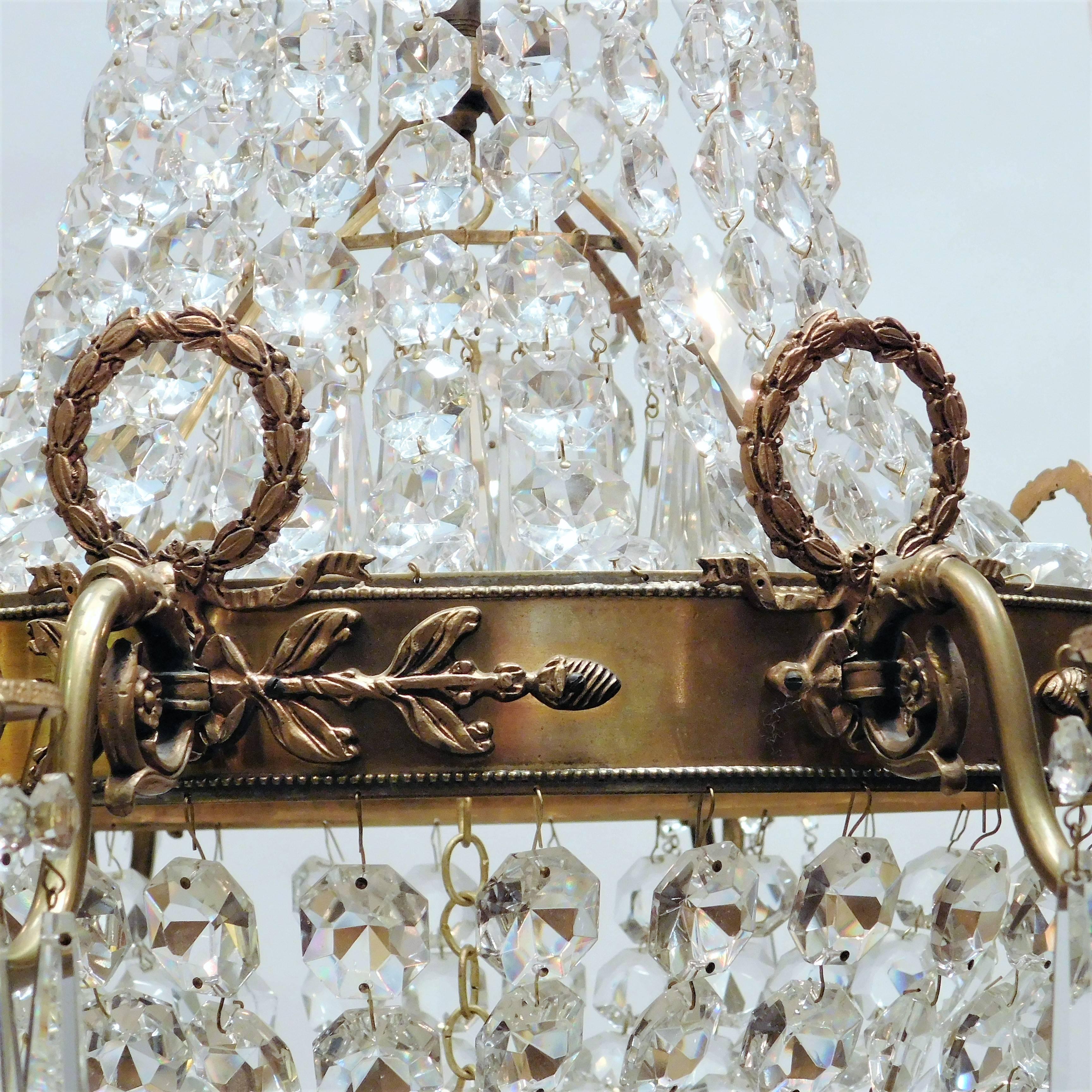 20th Century Continental Empire Style Gilt Brass and Crystal Eight-Light Chandelier