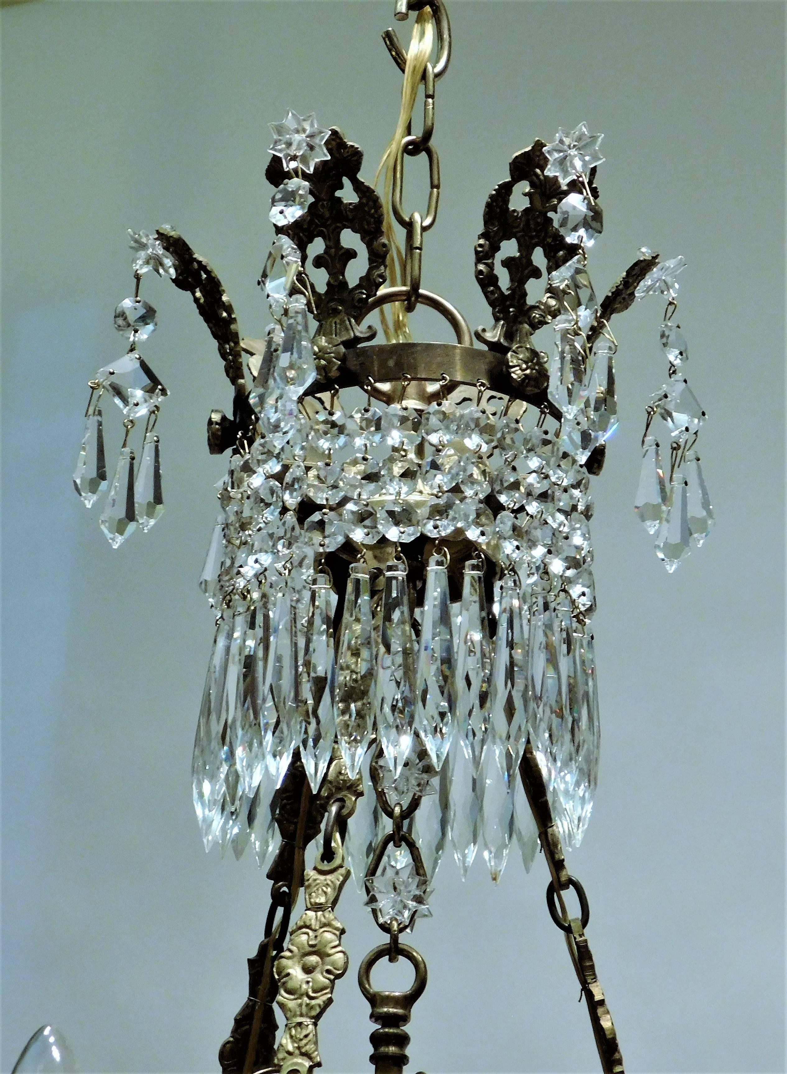 Neoclassical Six-Light Gilt Brass and Crystal Chandelier, Baltic Area In Excellent Condition In Alexandria, VA