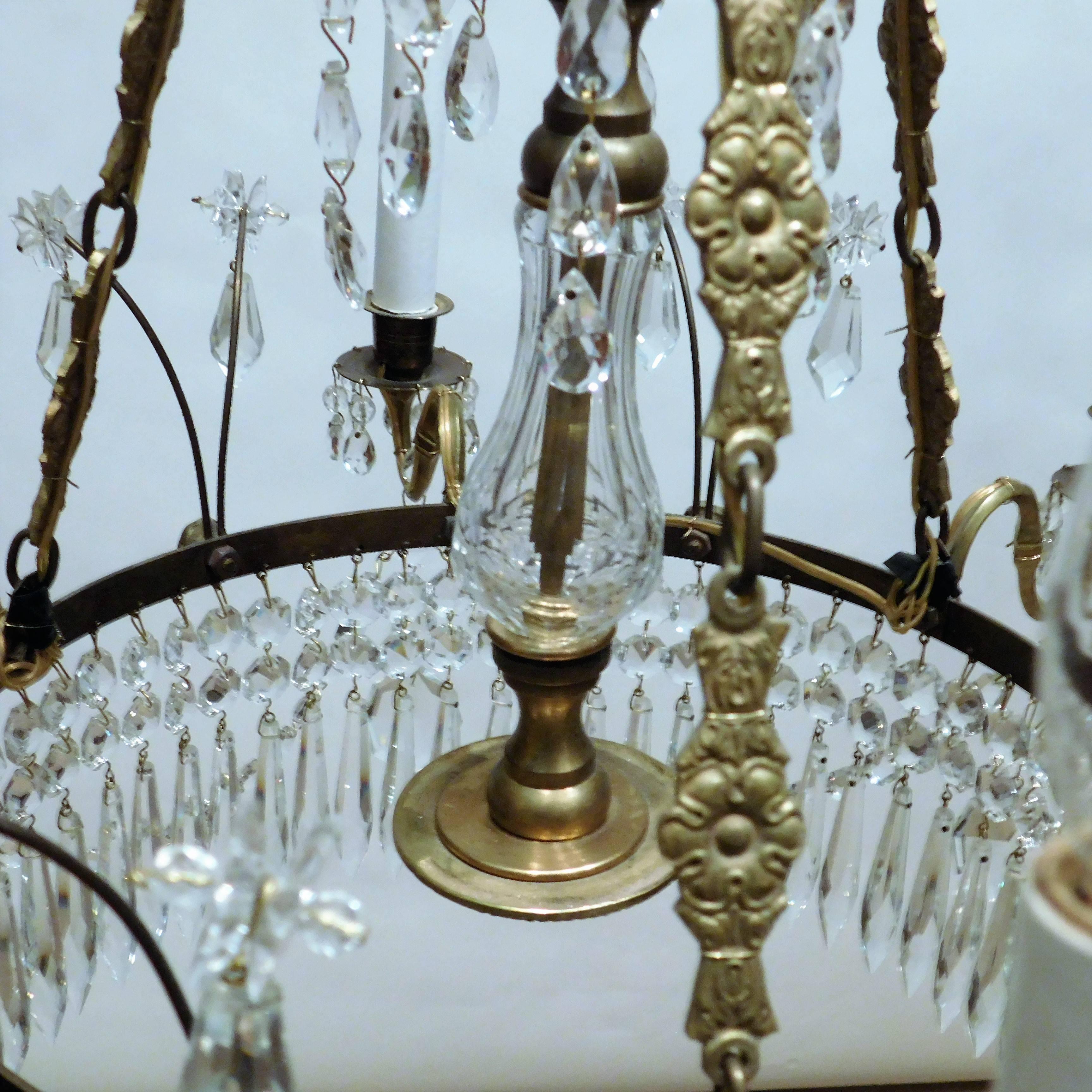 20th Century Neoclassical Six-Light Gilt Brass and Crystal Chandelier, Baltic Area
