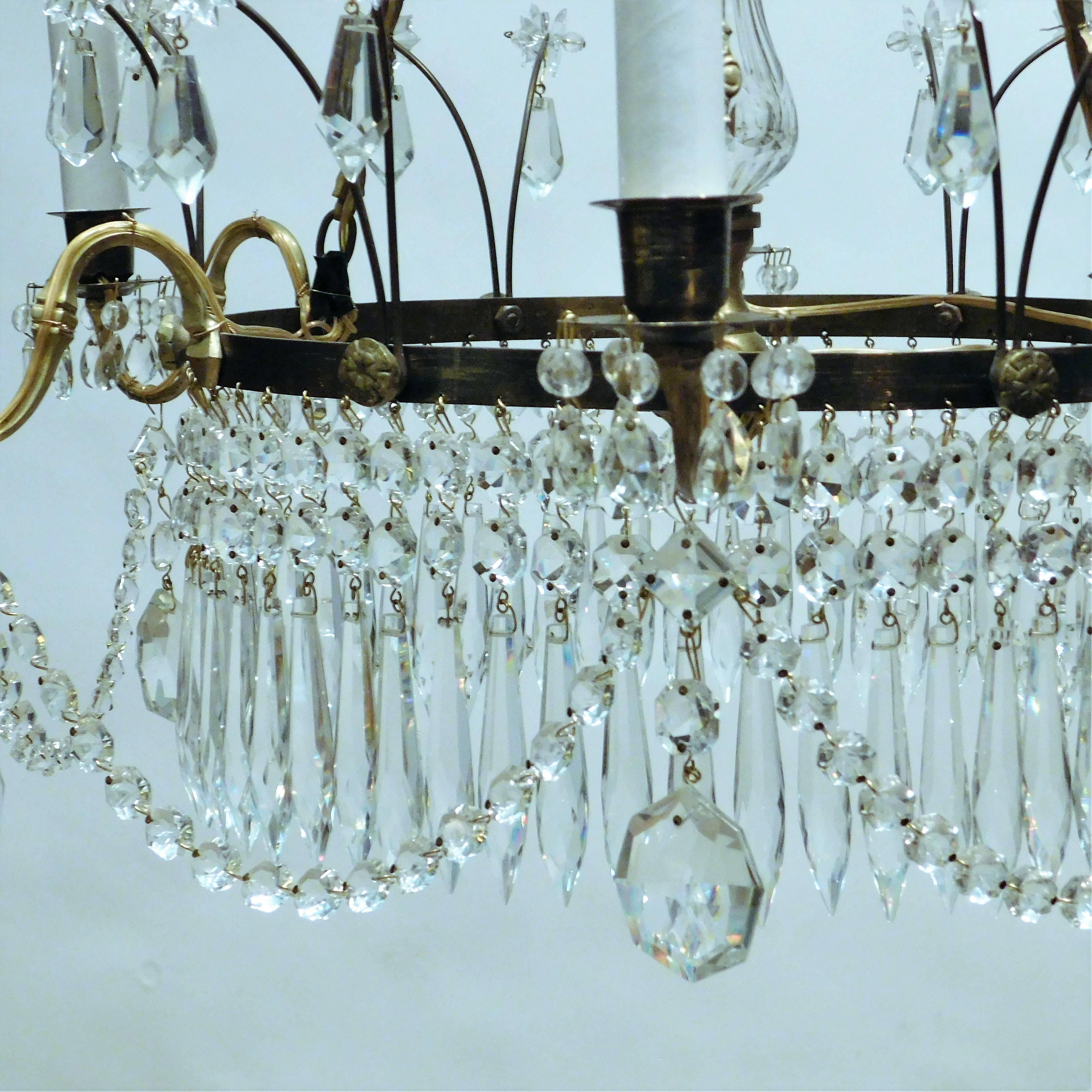 Neoclassical Six-Light Gilt Brass and Crystal Chandelier, Baltic Area 1