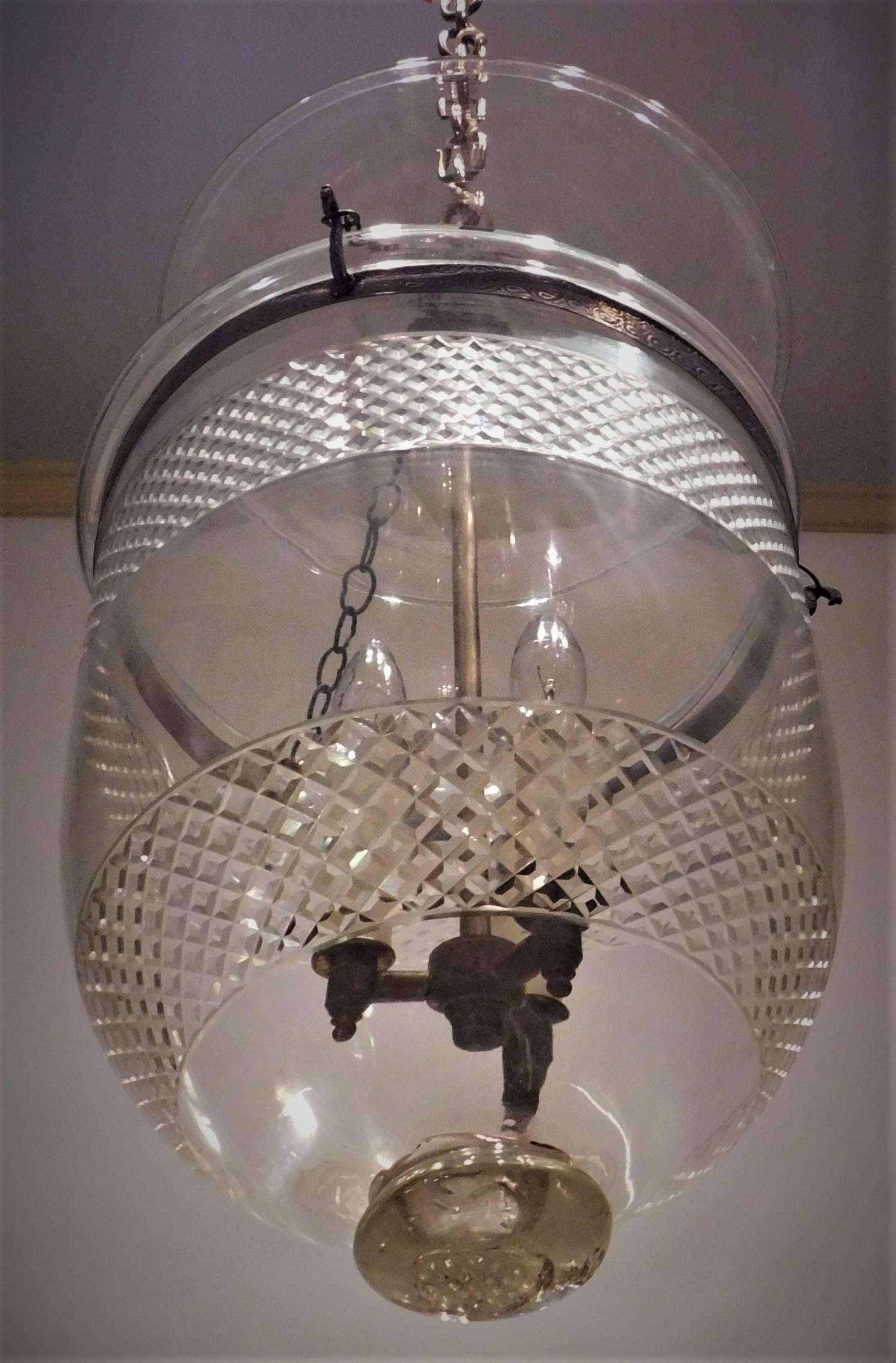 English Large Neoclassical Diamond Cut Bell Jar Lantern, London, circa 1800 For Sale