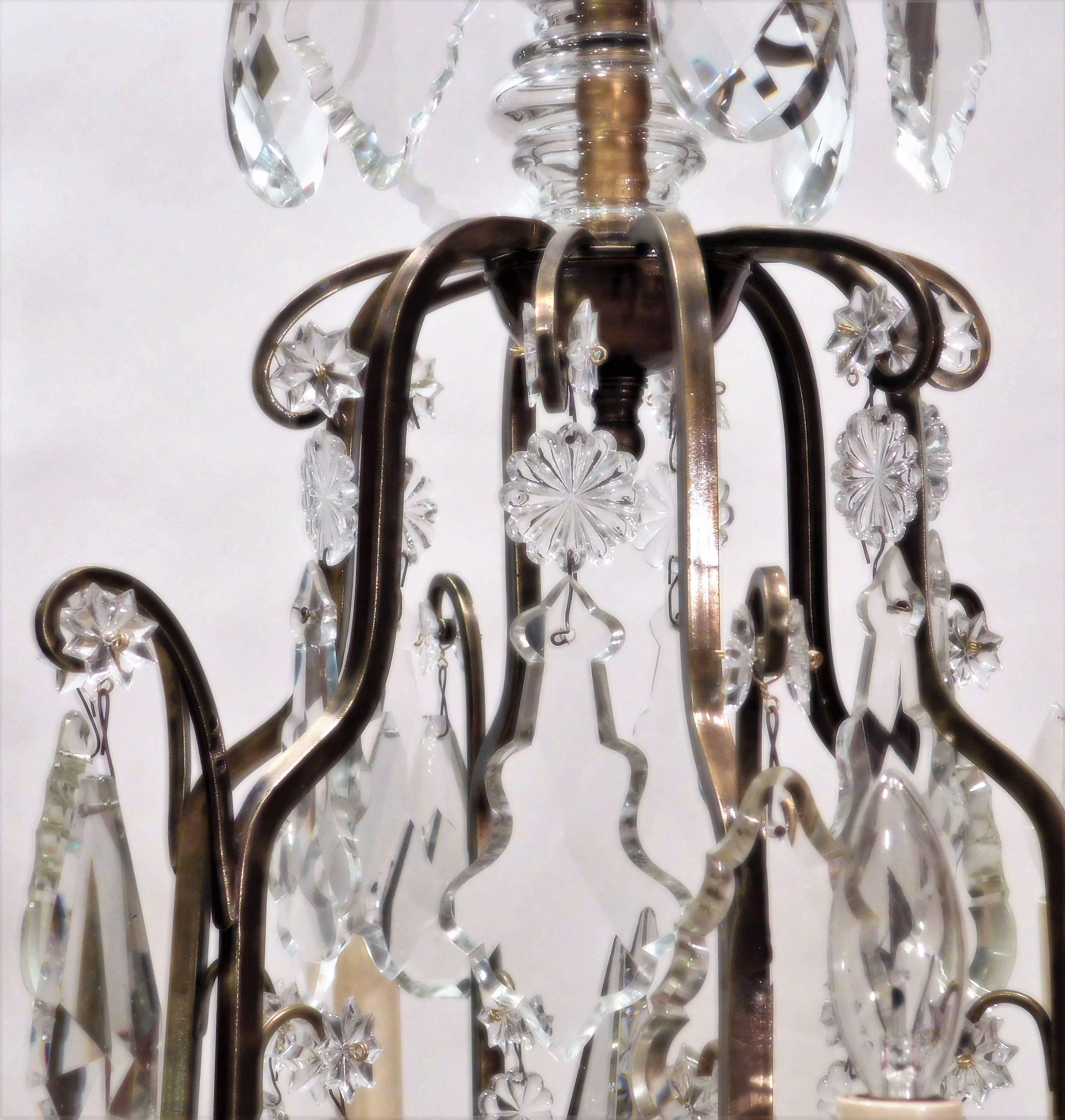 Louis XV Style Aged Brass and Crystal Six-Light Chandelier, France, circa 1930 In Excellent Condition For Sale In Alexandria, VA