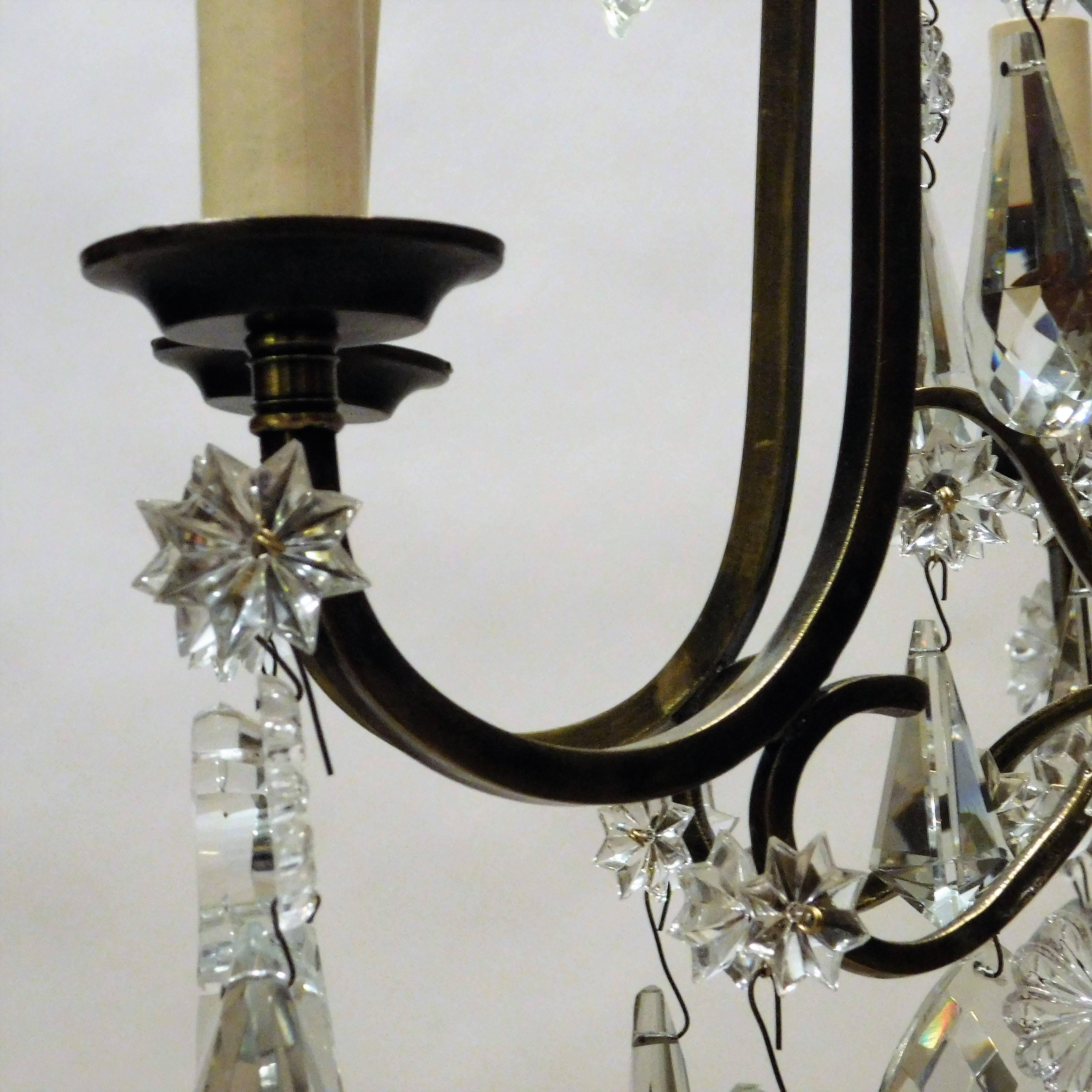 Mid-20th Century Louis XV Style Aged Brass and Crystal Six-Light Chandelier, France, circa 1930 For Sale