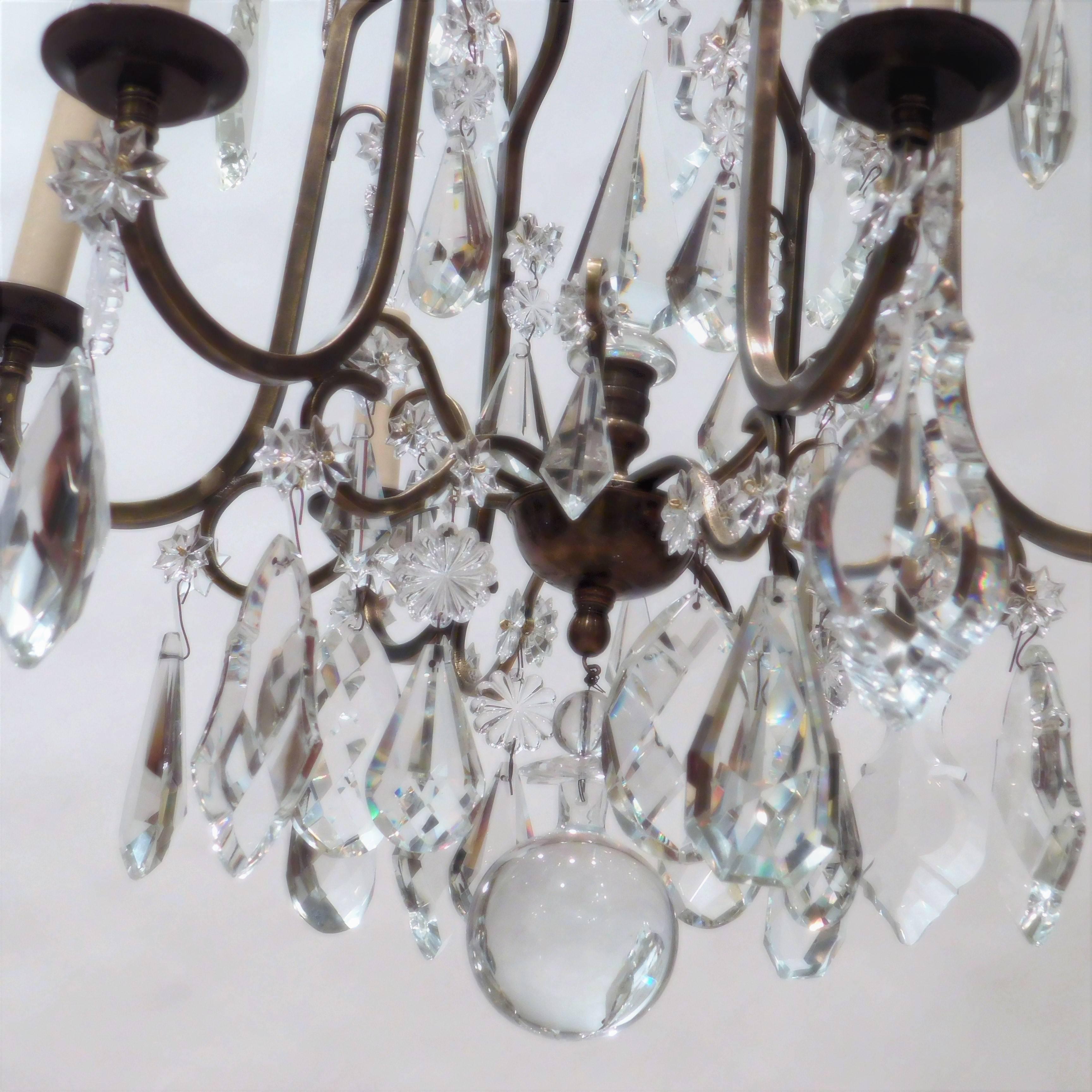 Louis XV Style Aged Brass and Crystal Six-Light Chandelier, France, circa 1930 For Sale 3