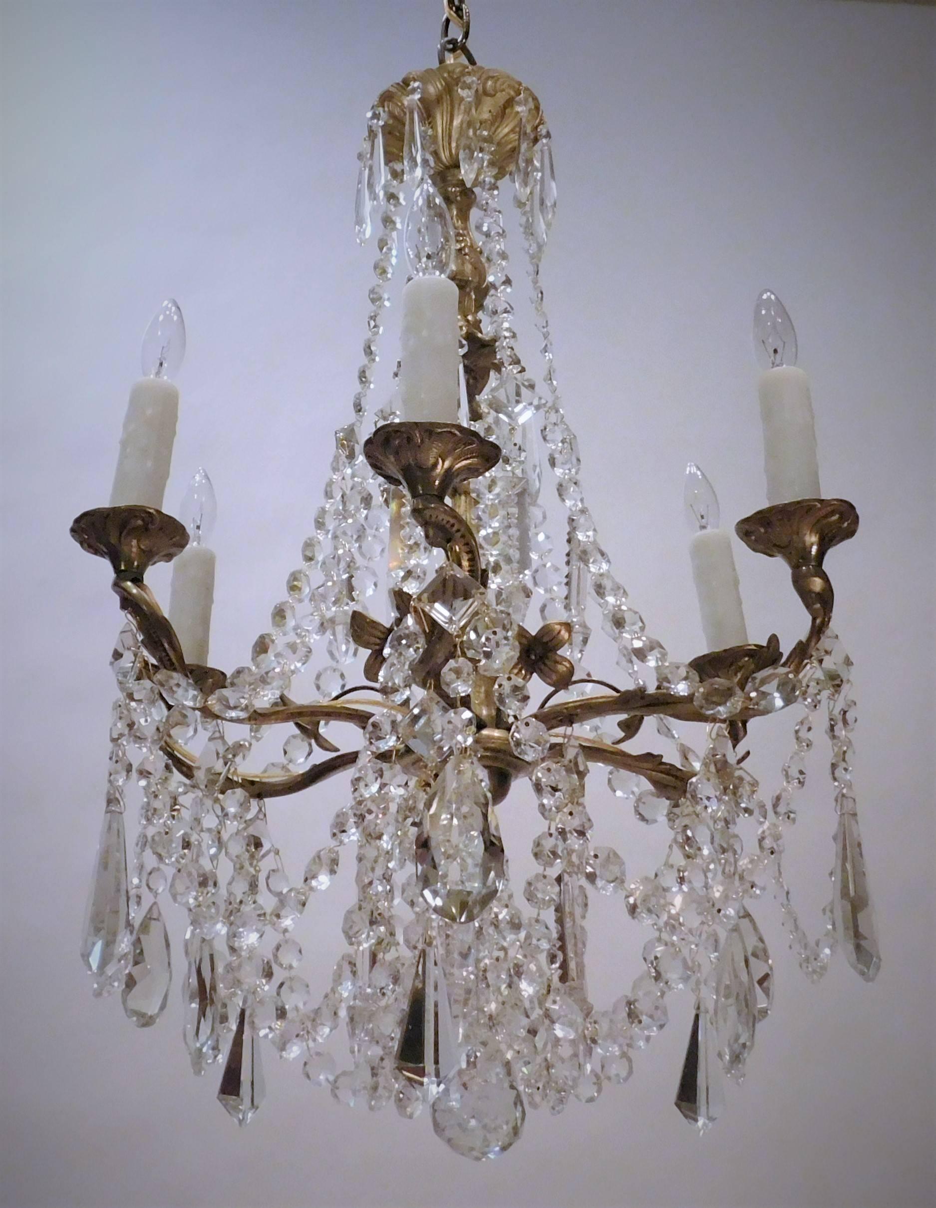 Swedish Louis XV Style Gilt Brass and Crystal Six-Light Chandelier, Sweden, Circa:1935