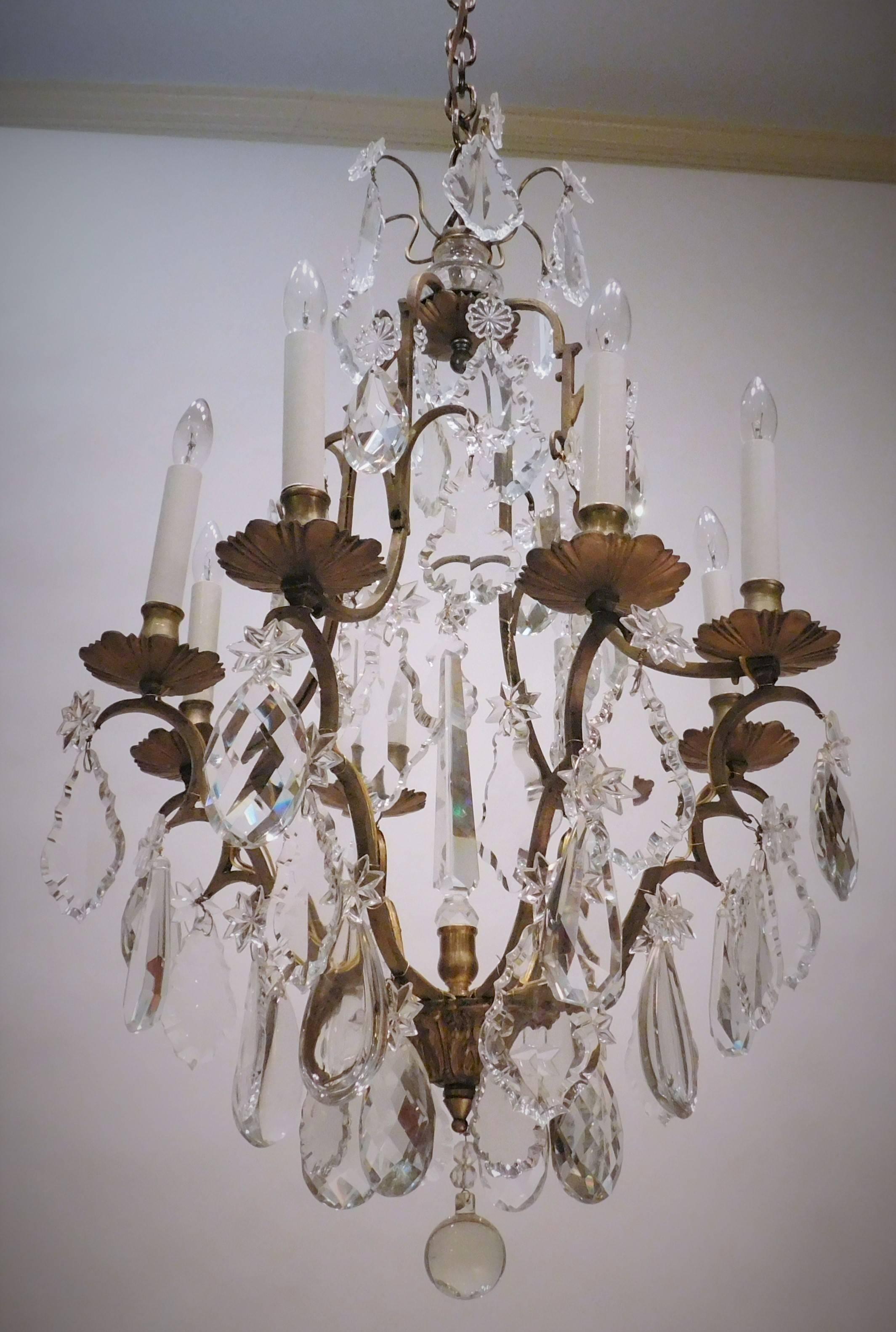 French Louis XV Style Eight-Light Bronze and Crystal Chandelier, France, circa 1900