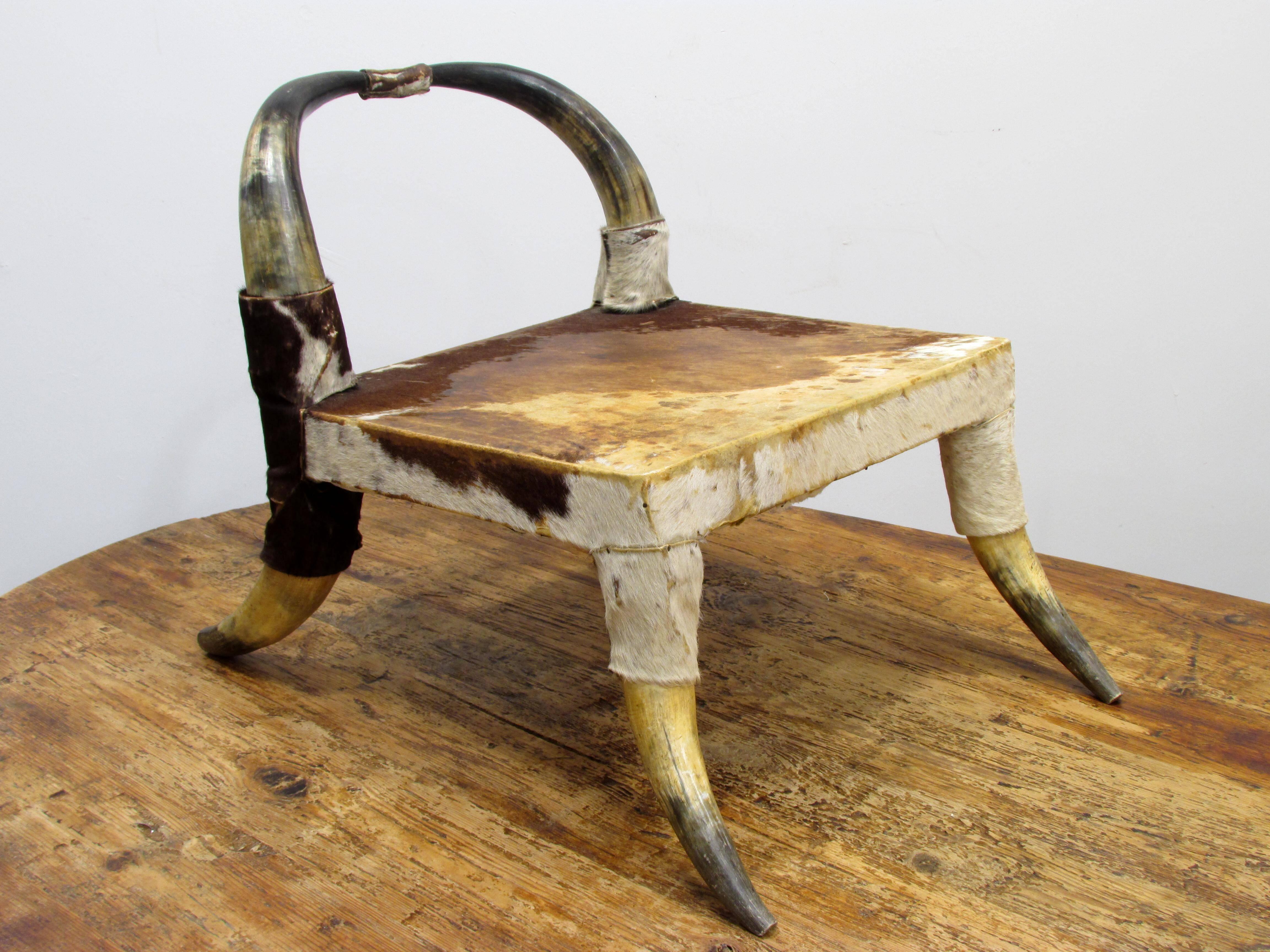 Rustic Pair of Cow Horn and Hide Low Chairs