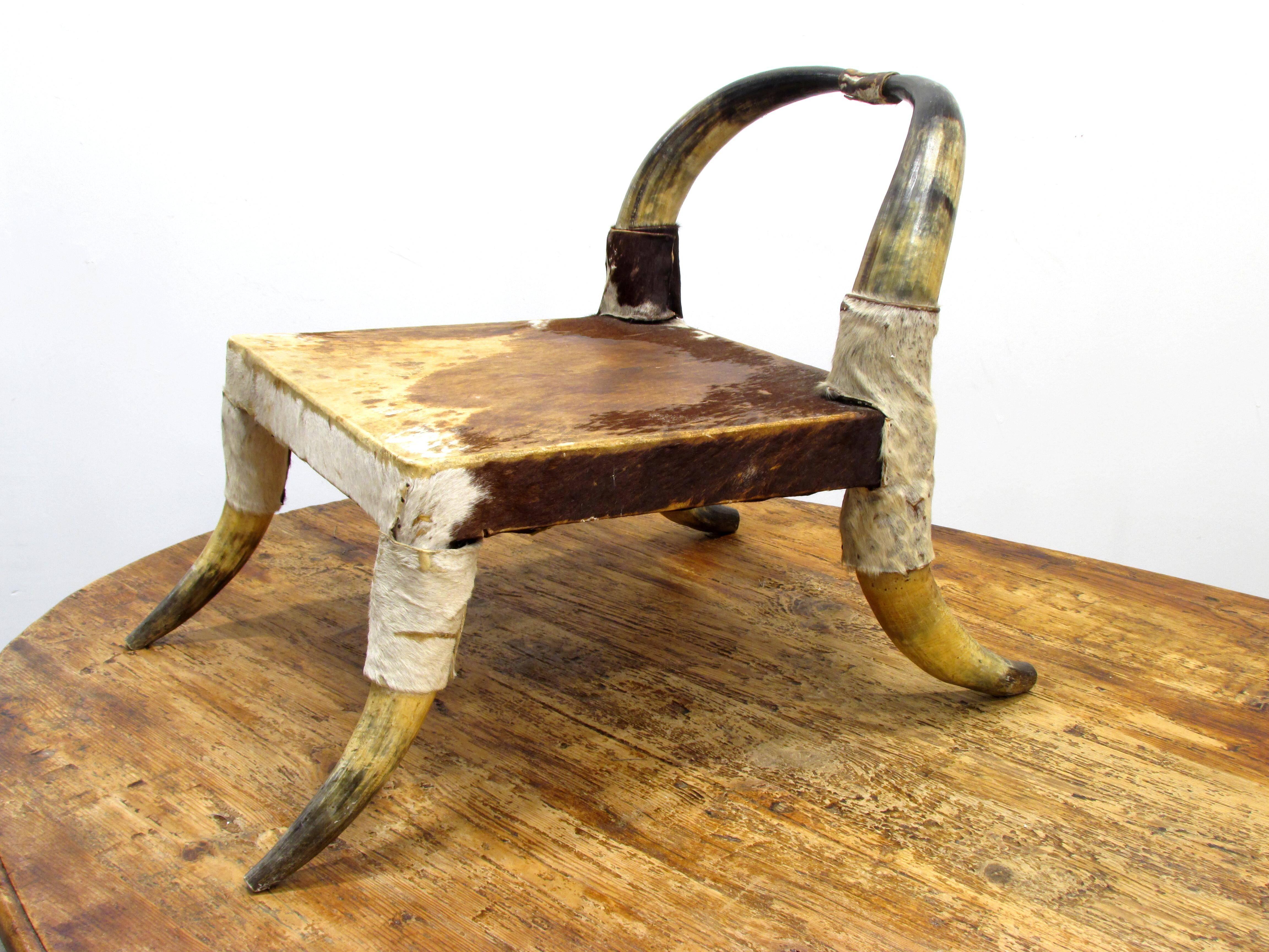 French Pair of Cow Horn and Hide Low Chairs