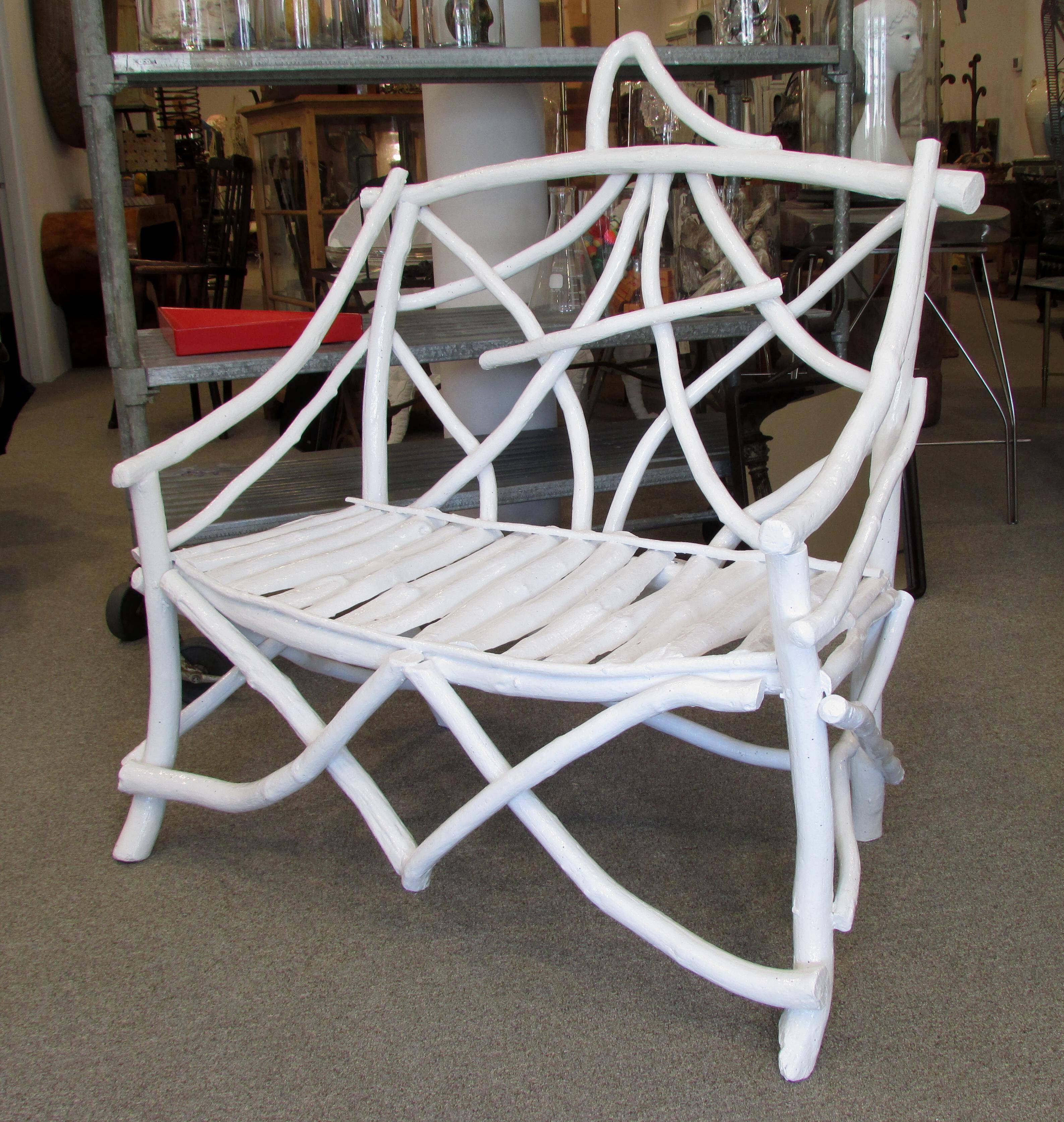 Rustic Folk Art made white painted bench made from twigs and found wood very graphic with a high gloss painted surface.