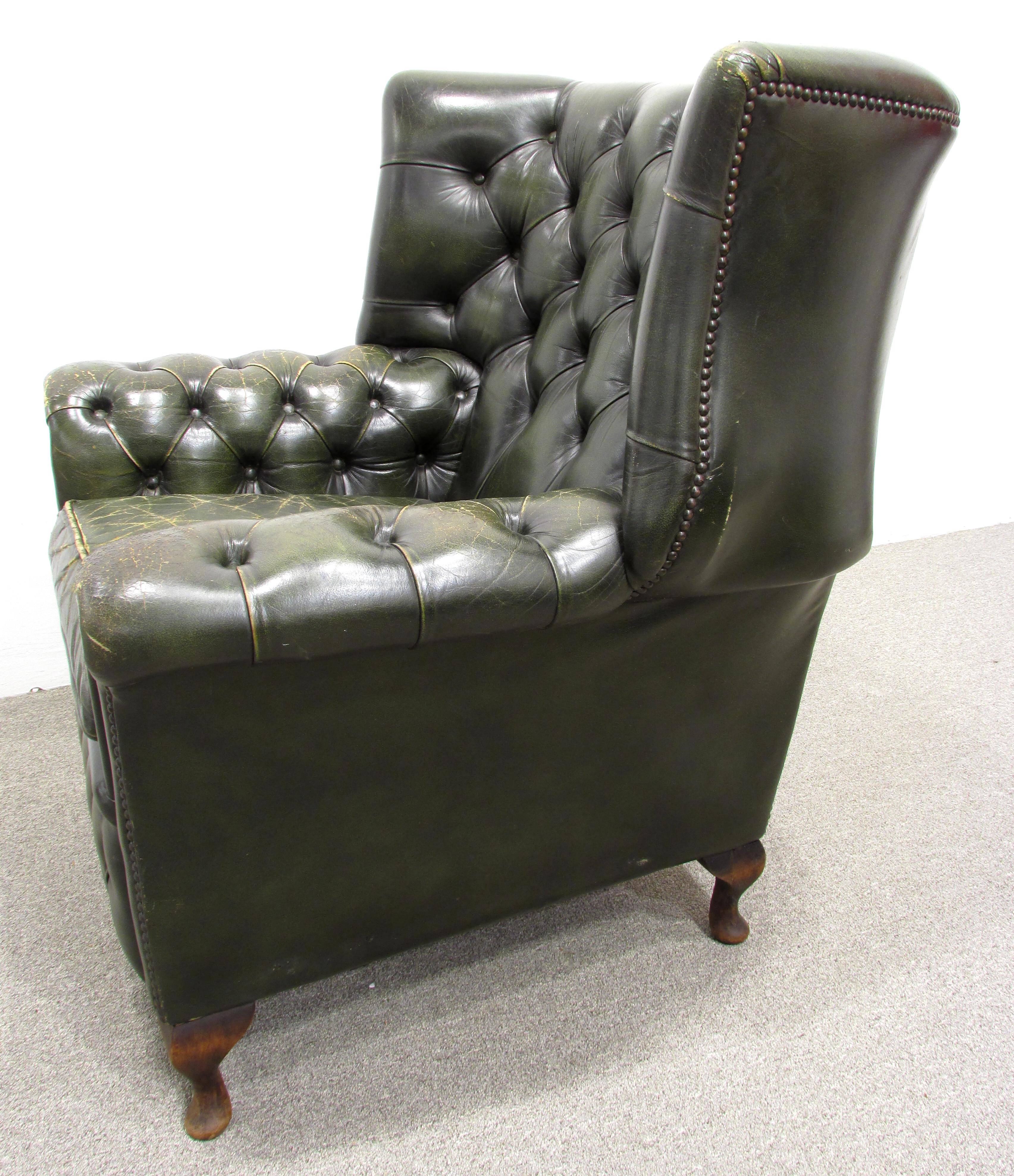 Georgian Green Tufted Leather Wingback Chair