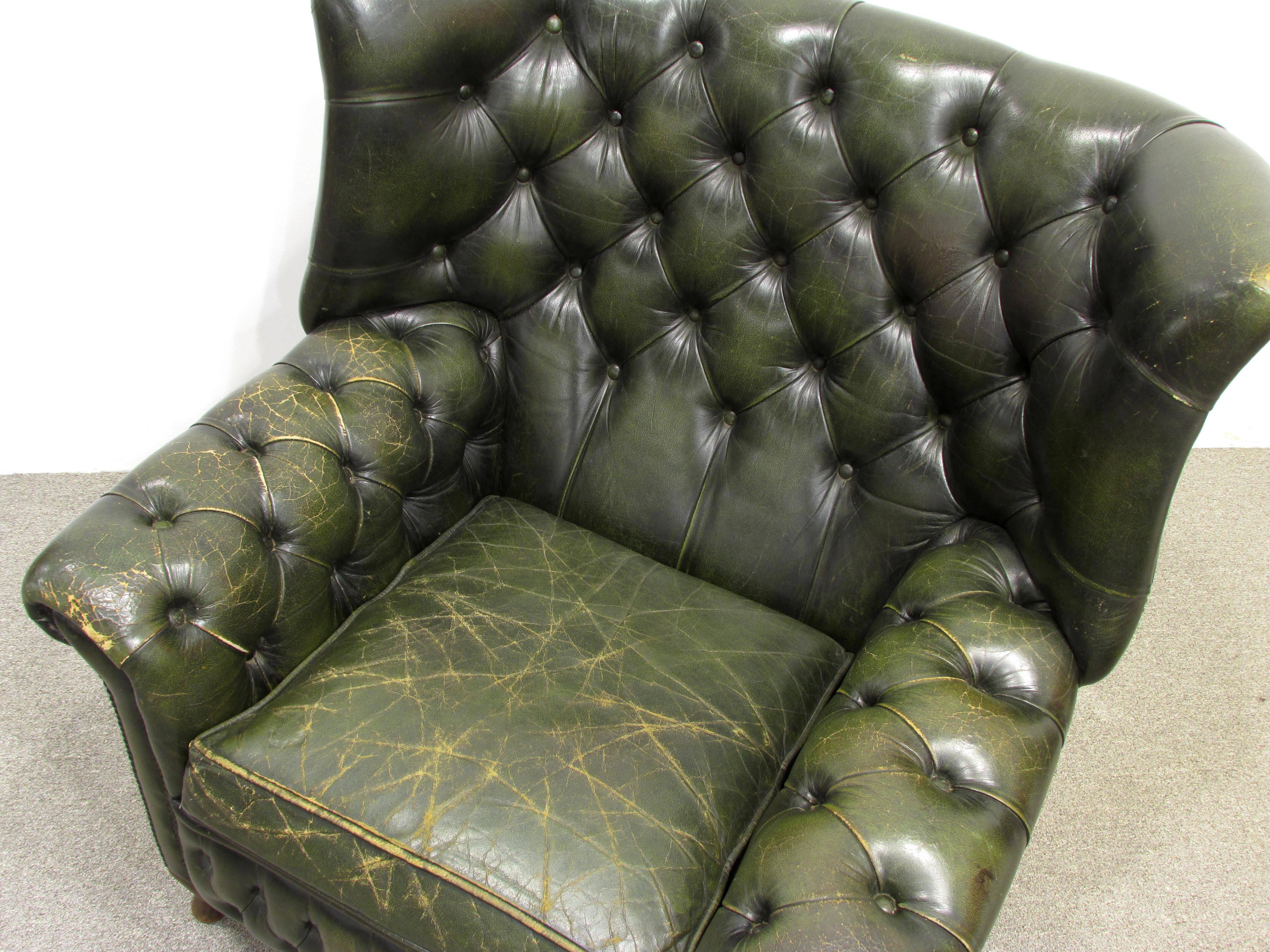 Green Tufted Leather Wingback Chair In Good Condition In High Point, NC