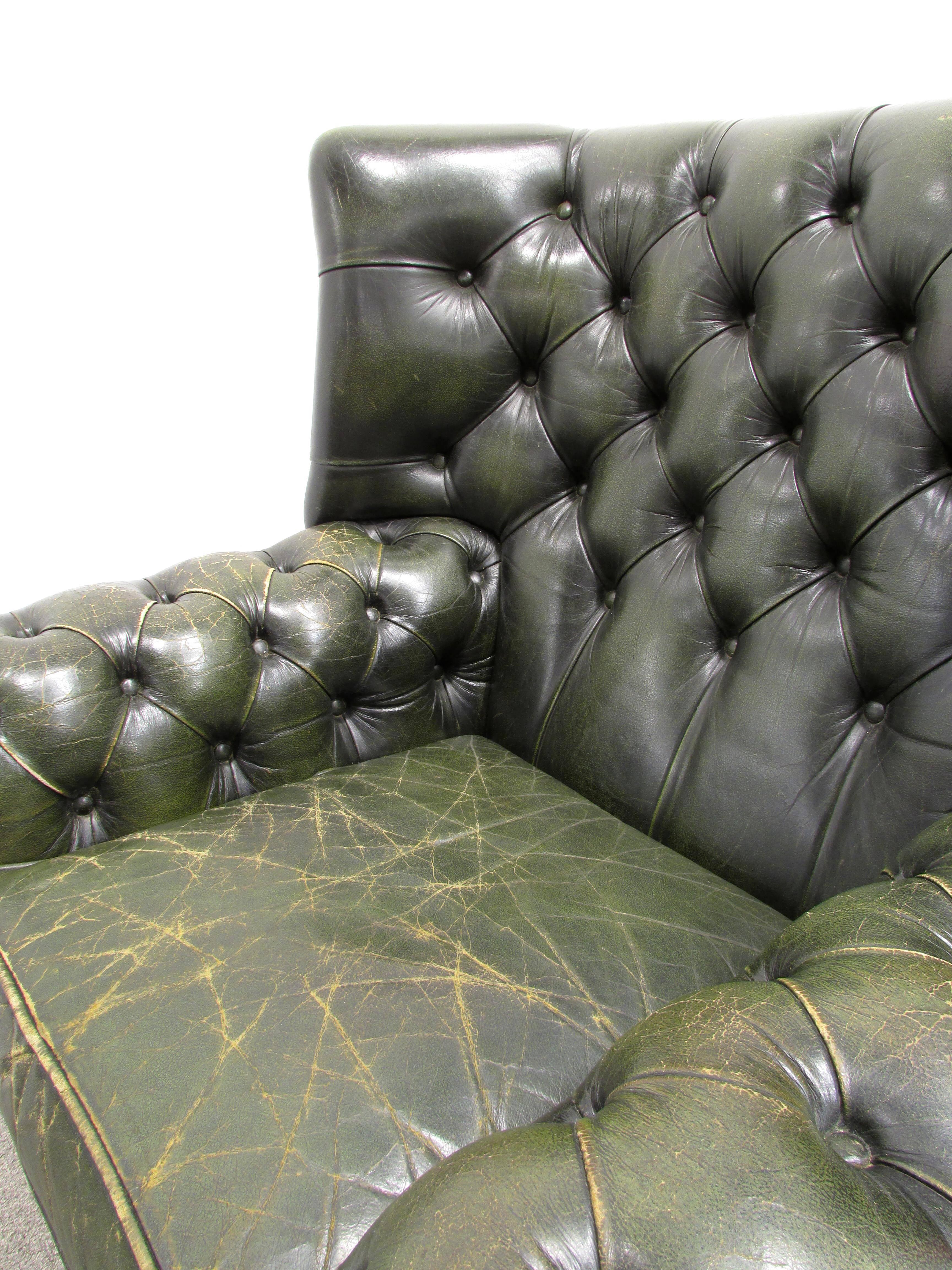 Early 20th Century Green Tufted Leather Wingback Chair