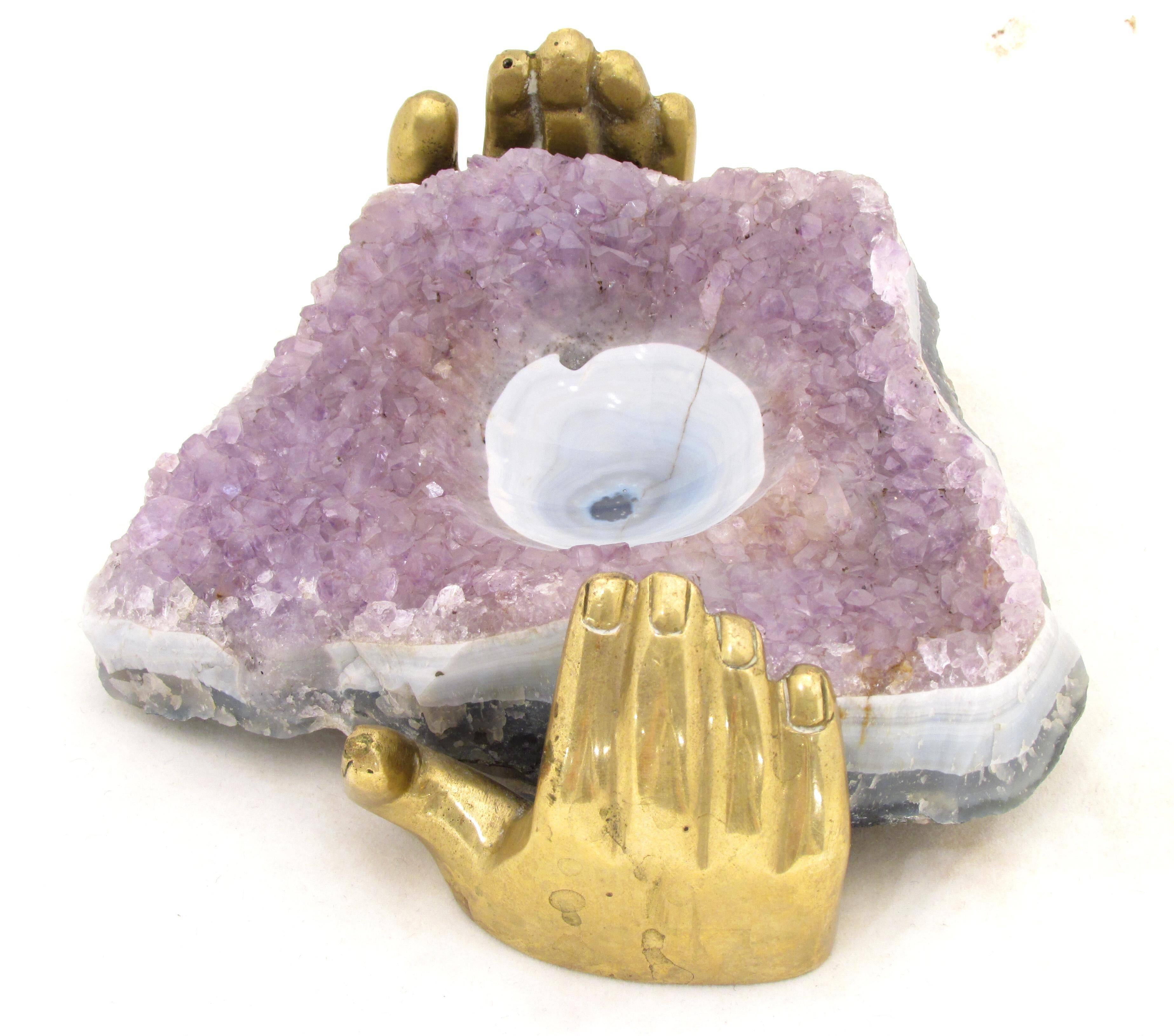 Brutalist Amethyst and Brass Hand Dish by Pietrina Checcacci For Sale