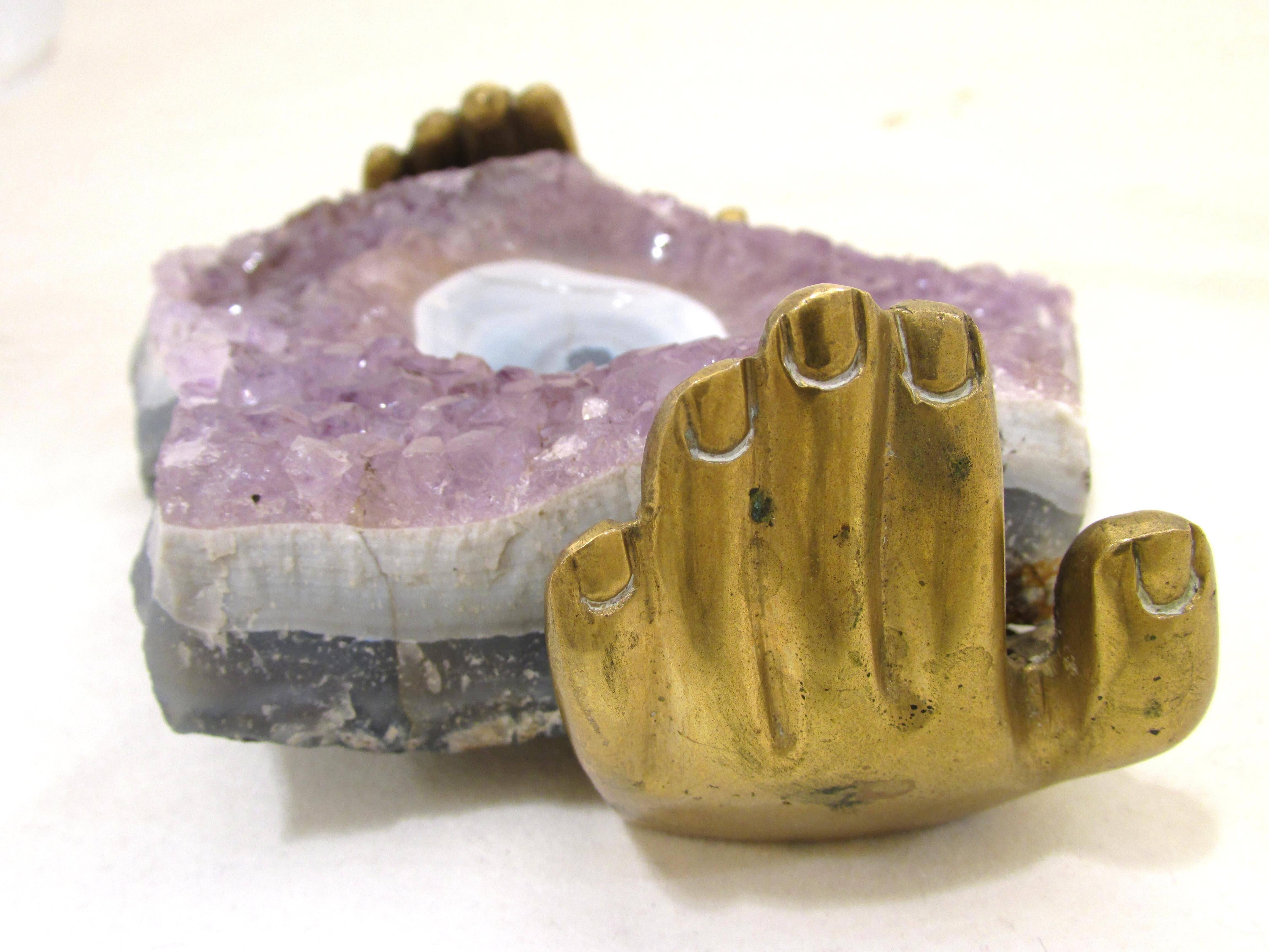 Carved Amethyst and Brass Hand Dish by Pietrina Checcacci For Sale