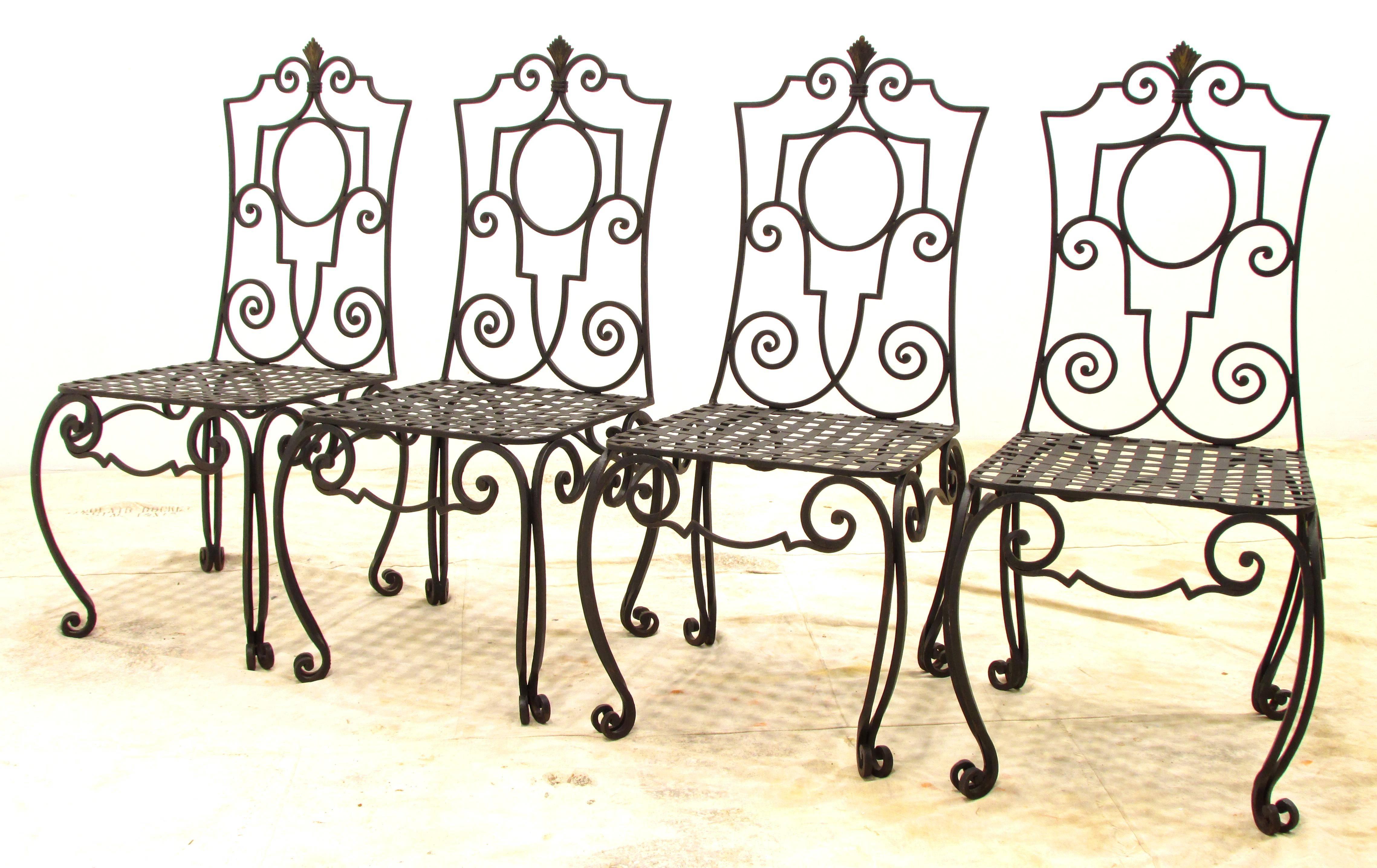 French Set of Four Jean-Charles Moreux Style Wrought Iron Chairs For Sale