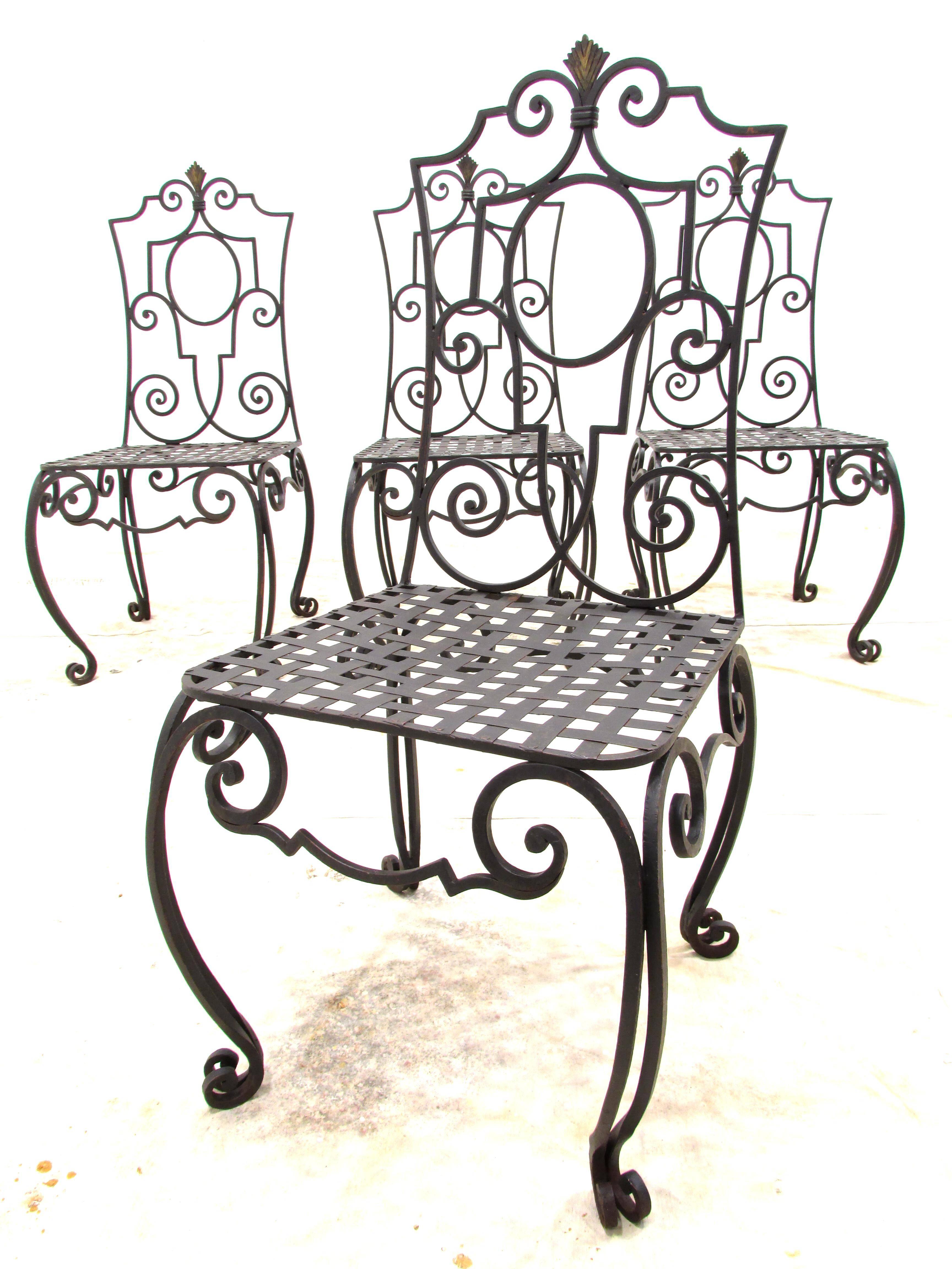 Mid-20th Century Set of Four Jean-Charles Moreux Style Wrought Iron Chairs For Sale