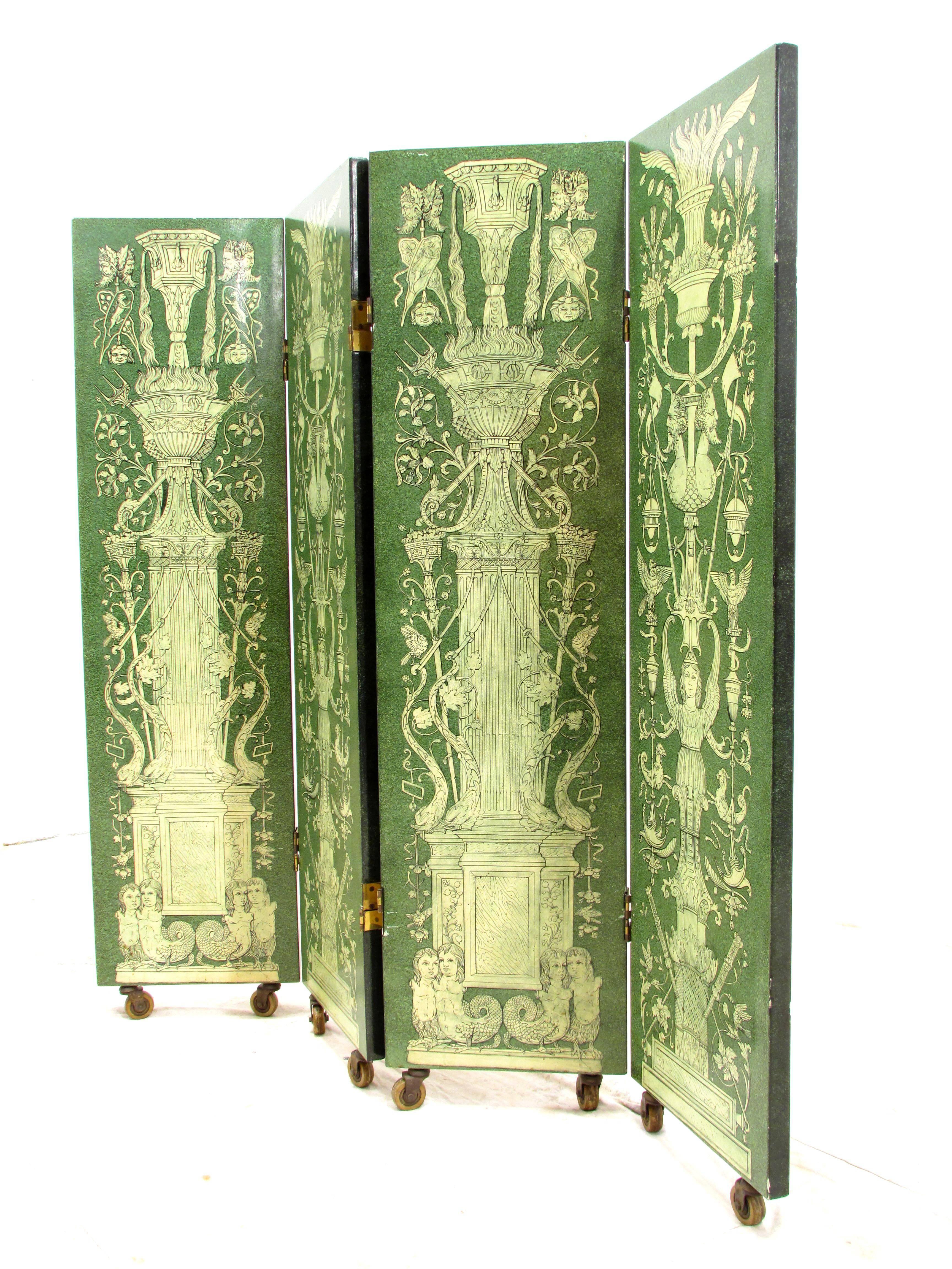 Rare early four panel folding screen by Piero Fornasetti green in color with classical motif has original white rubber wheels and a 