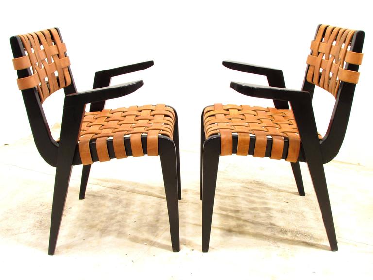 Pair of Jens Risom Style Black Leather Strap Chairs at 1stDibs