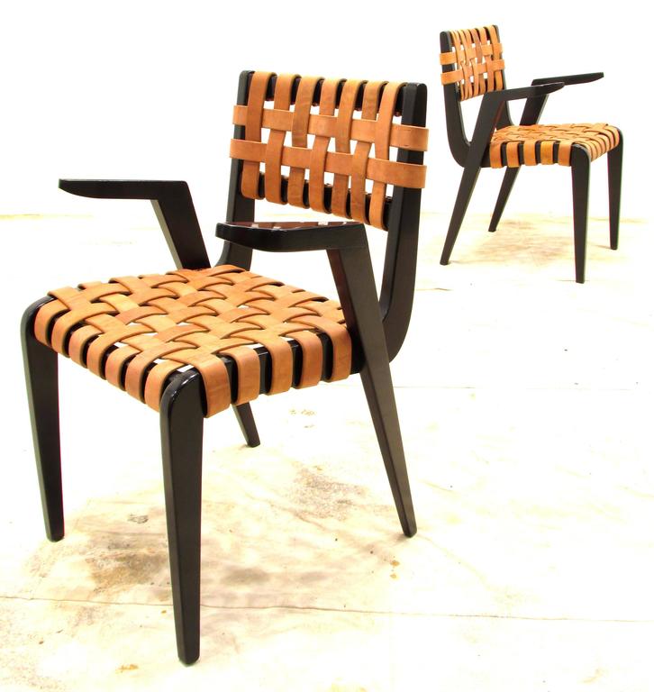 Pair of Jens Risom Style Black Leather Strap Chairs at 1stDibs