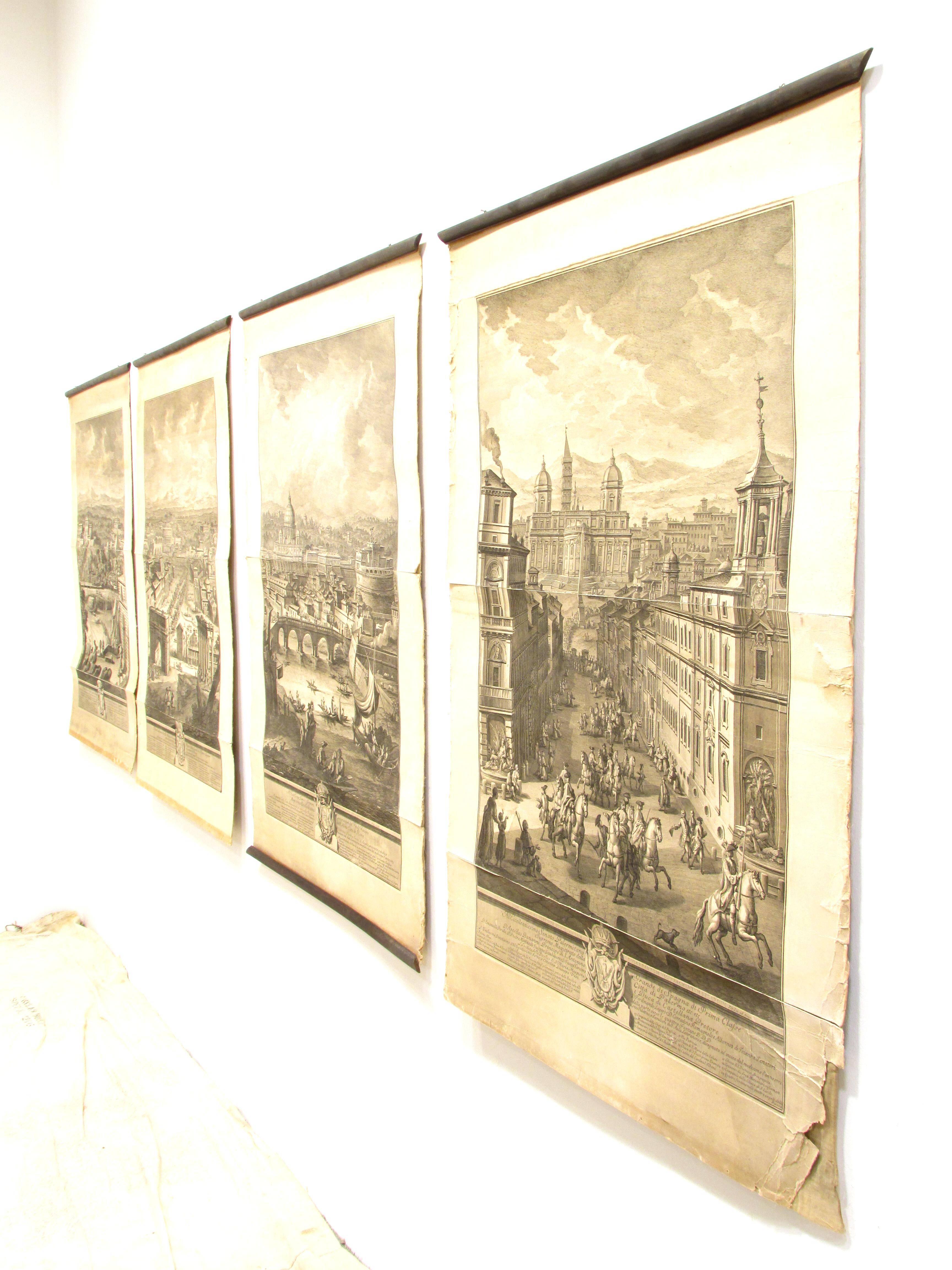 Set of four very large etchings by Giuseppe Vasi (1710-1782) depicting different views of Rome:
Grand view of the Aventine Hill 
Grand view of Campo Vaccino
Grand view of the Vatican City
Grand view of S. Maria Maggiore 
each etching consist of