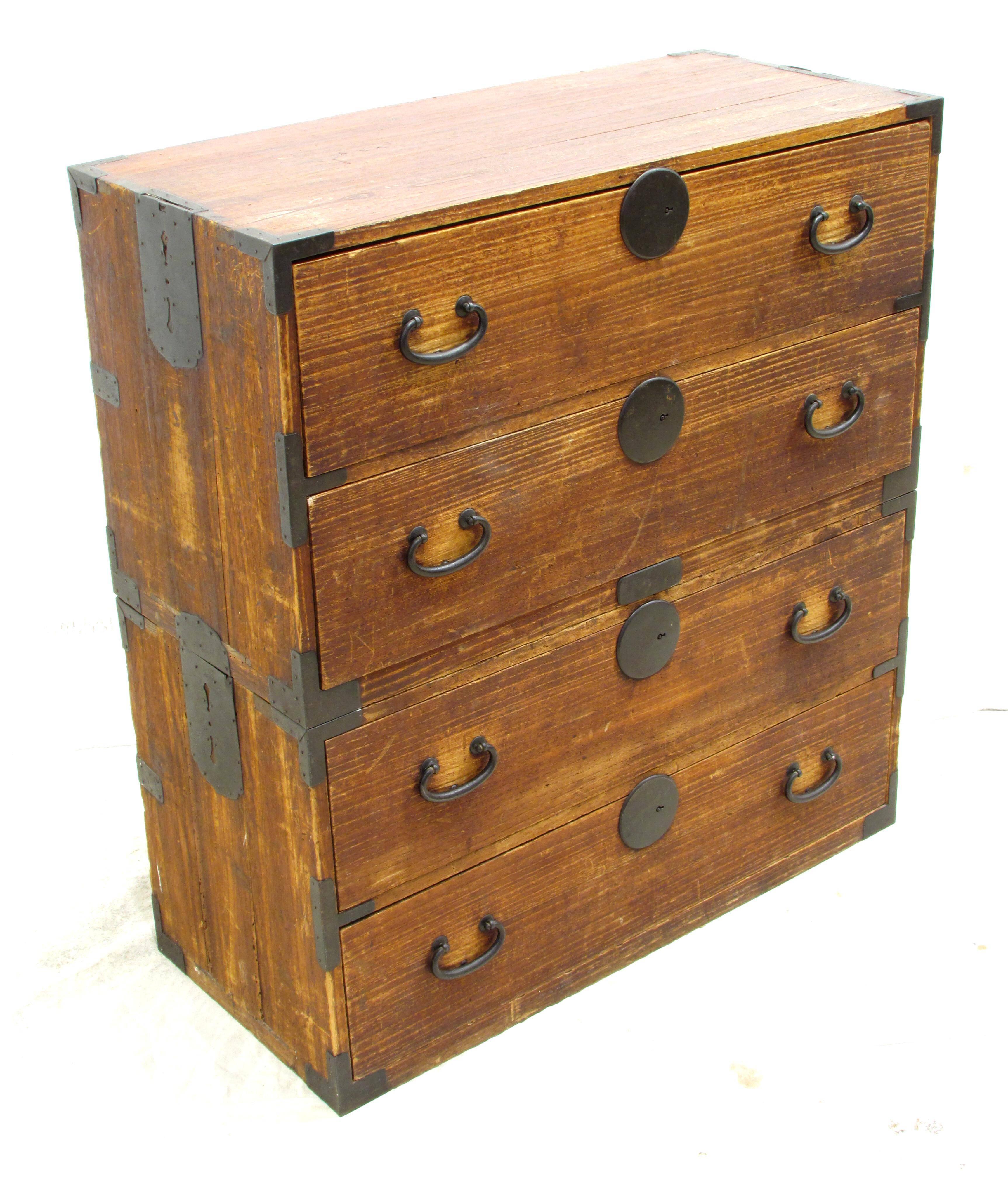Rustic worn wood Japanese chest on chest with iron handles and lock covers
Meiji period.