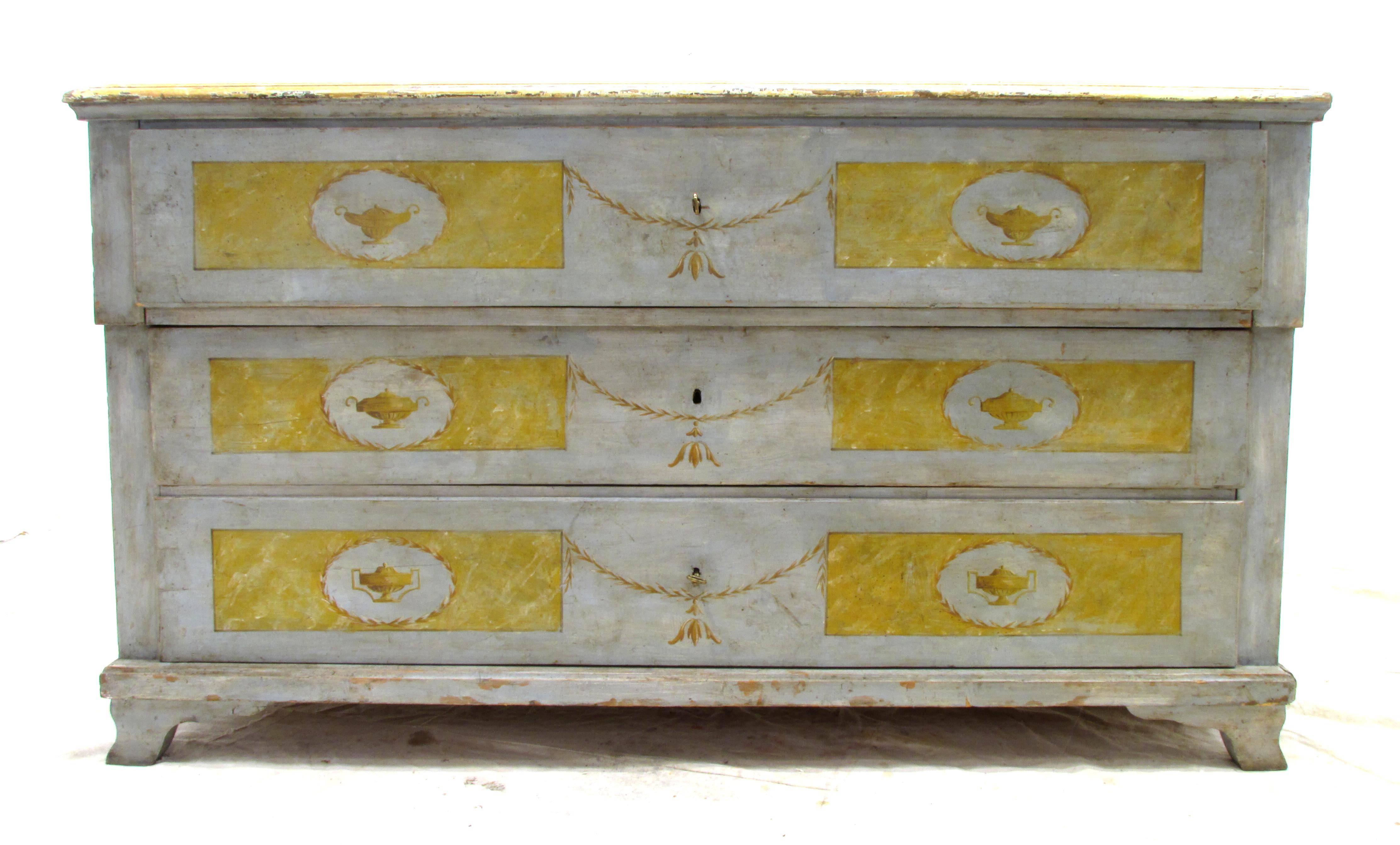 Hand-Painted Italian Neoclassical Painted Chest of Drawers For Sale