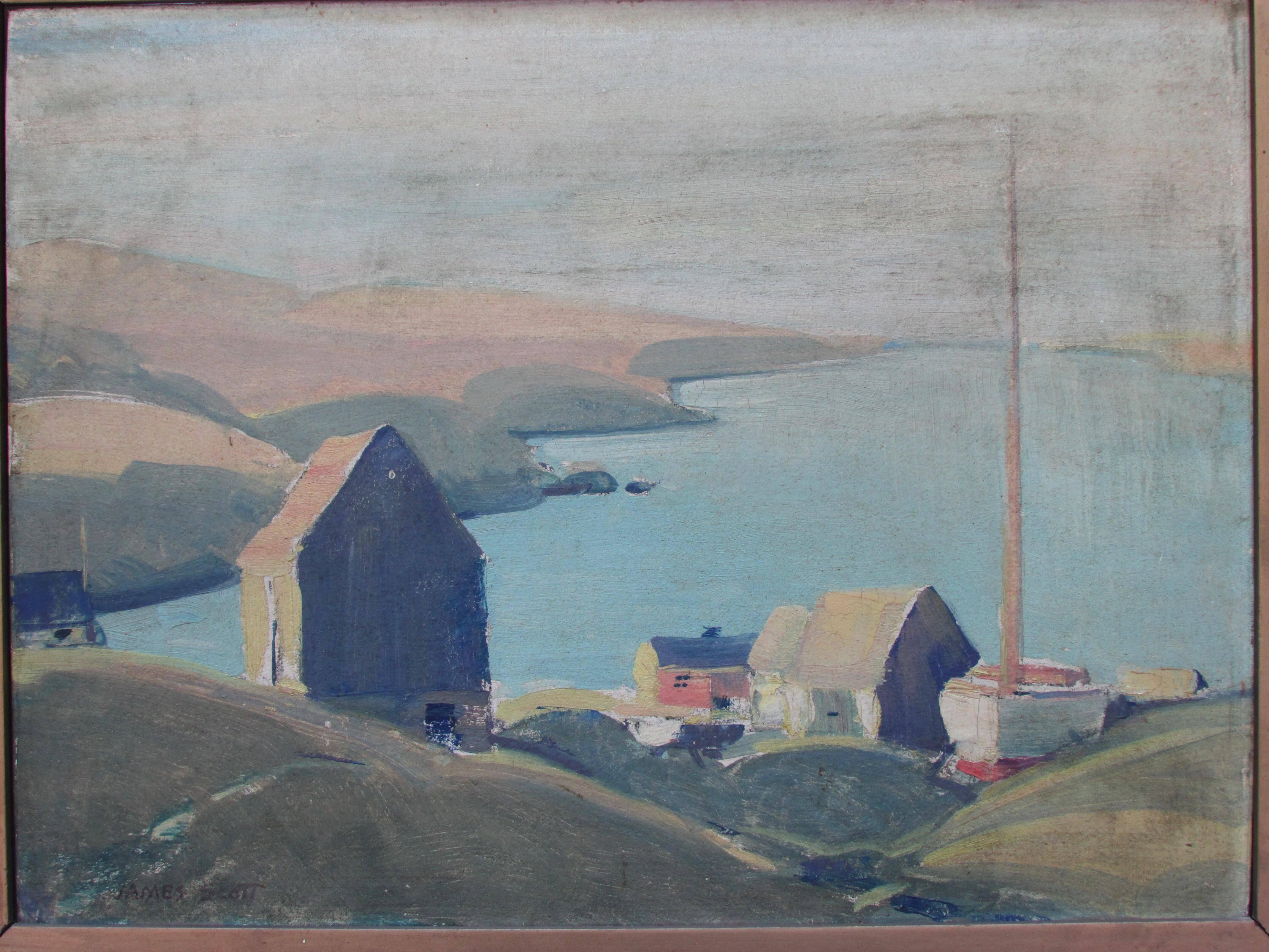 Beautiful small framed oil on board painting by modernist James Scott (1889-1967) titled 