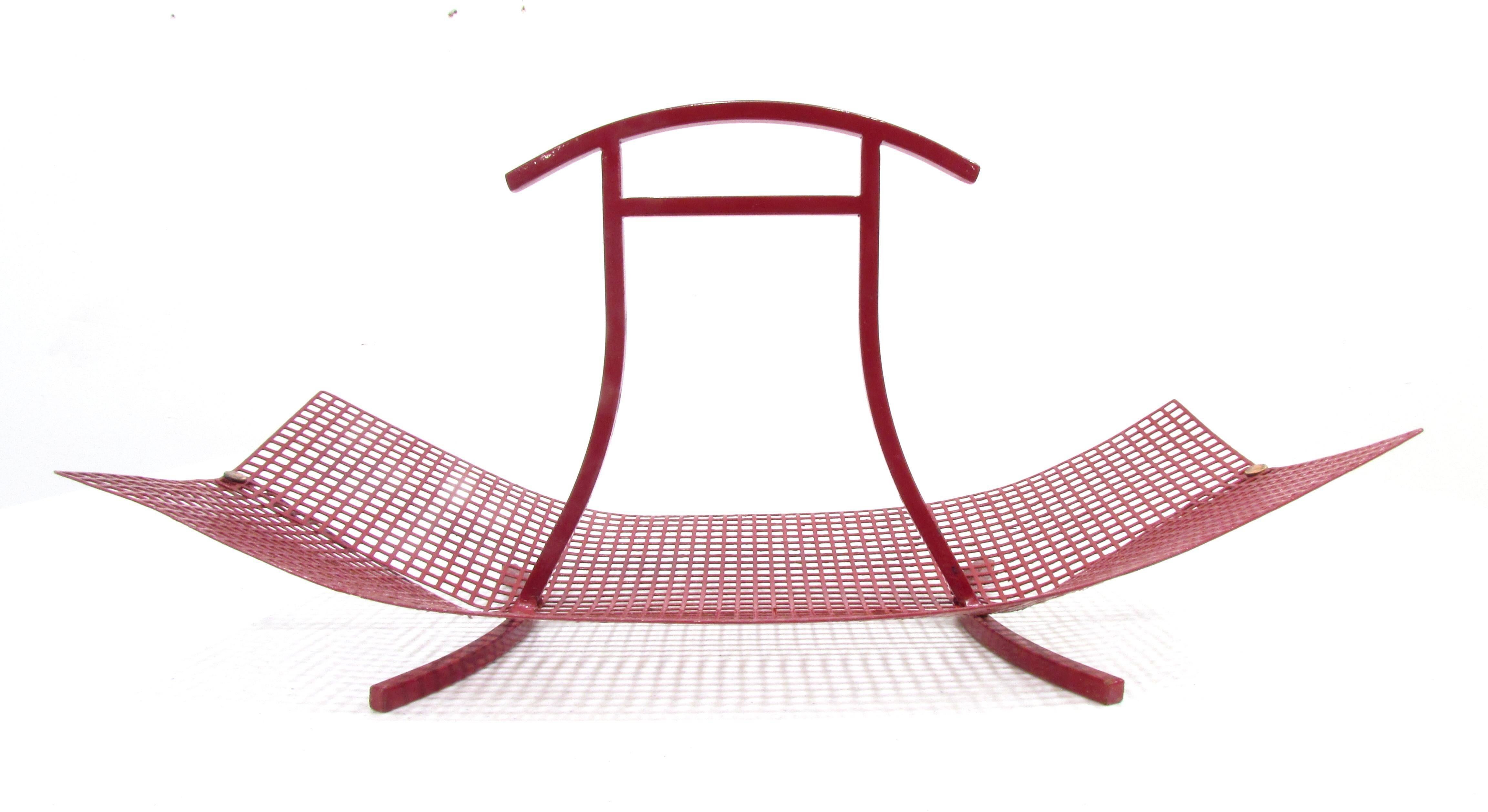 Beautiful simple designed basket red enameled grid metal folded inward with copper rivets in the style Wiener Werksattee Josef Hoffmann.