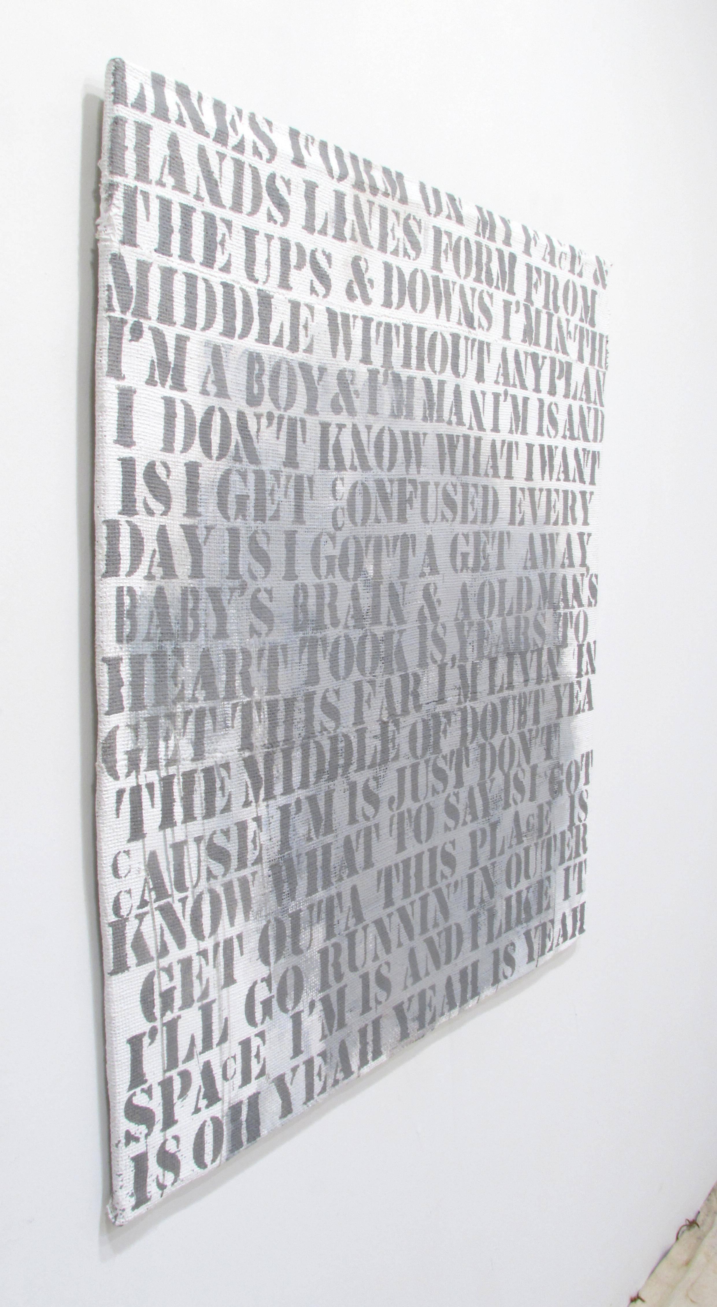 Large unique stenciled artwork unframed oil on canvas covered board with words based on the lyrics to 