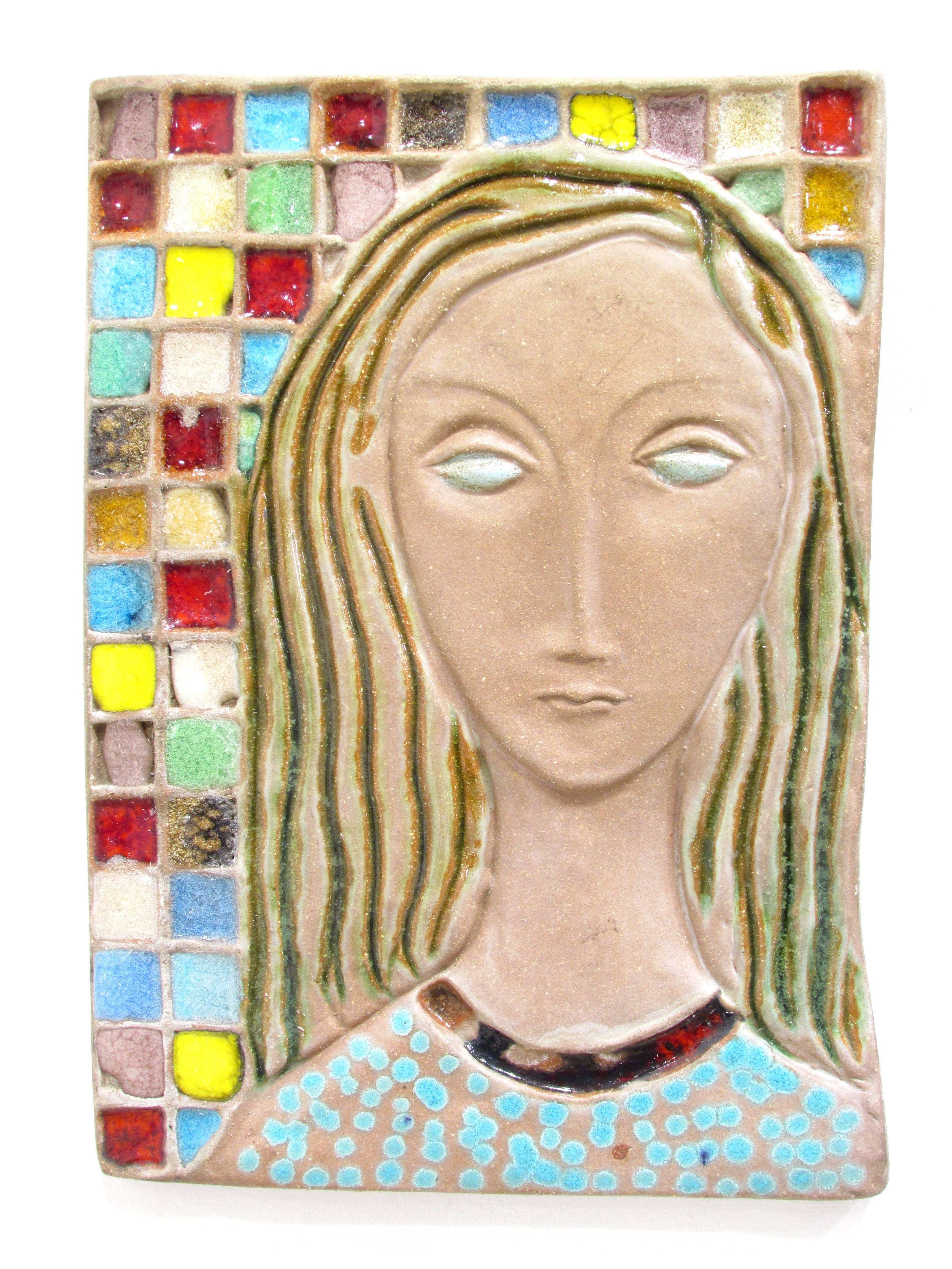 Glazed Pair of Italian Woman Portraits Mid-Century Modern Ceramic Plaques For Sale